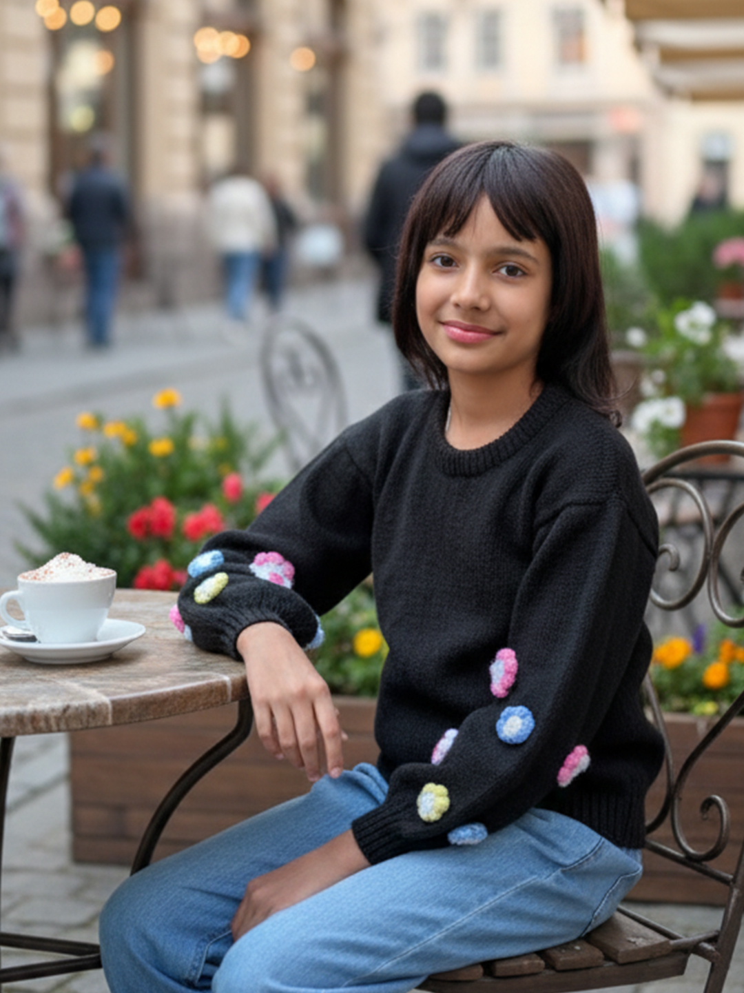 Woonie Handknitted Full Sleeves Floral Detailed Sweater - Black