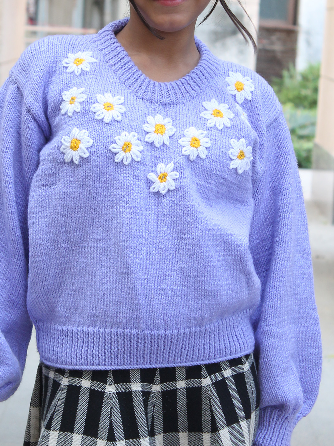 Woonie Handknitted Full Sleeves Floral Embroidered Sweater - Purple