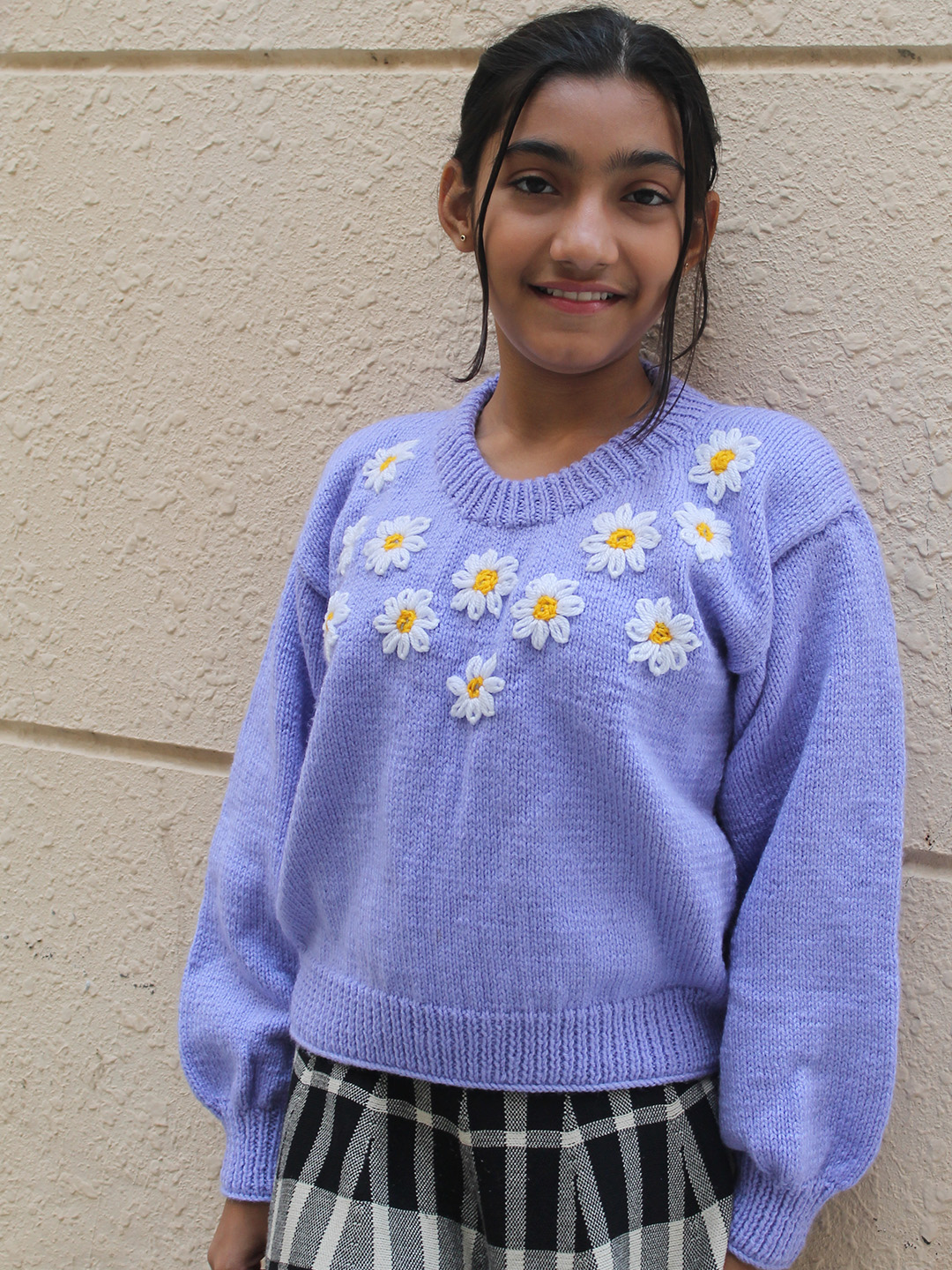 Woonie Handknitted Full Sleeves Floral Embroidered Sweater - Purple