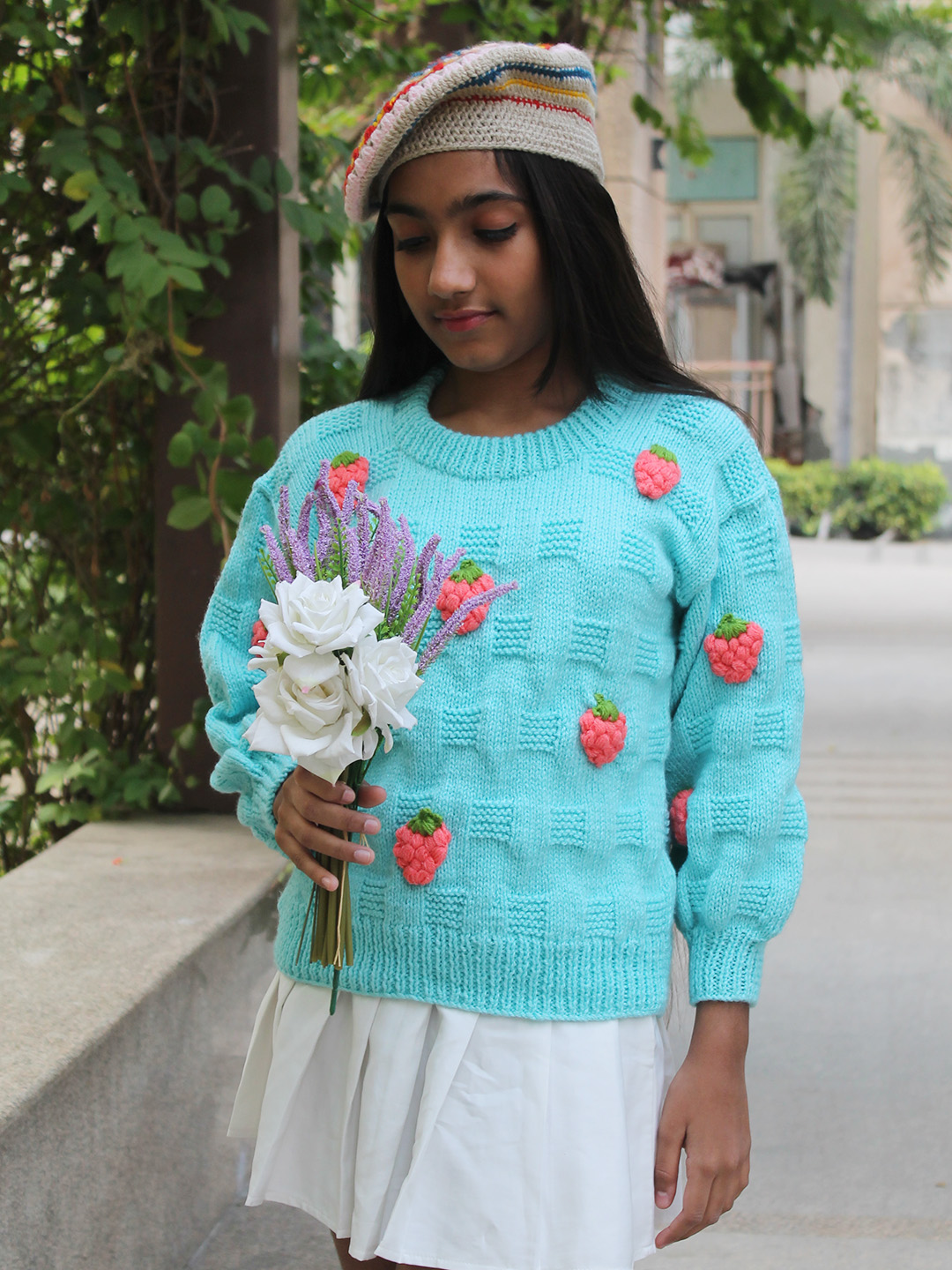 Woonie Handknitted Full Sleeves Strawberry Applique Detailed Sweater - Sky Blue