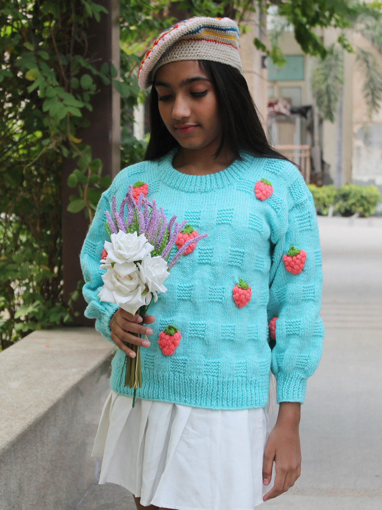 Image of Woonie Handknitted Full Sleeves Strawberry Applique Detailed Sweater - Sky Blue