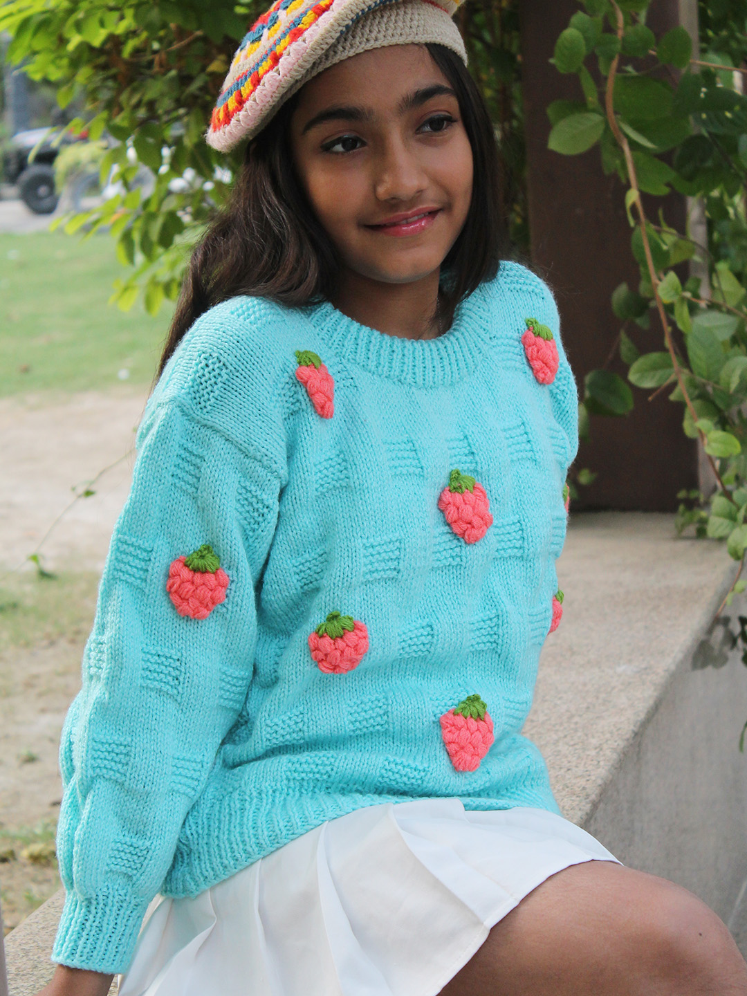Woonie Handknitted Full Sleeves Strawberry Applique Detailed Sweater - Sky Blue
