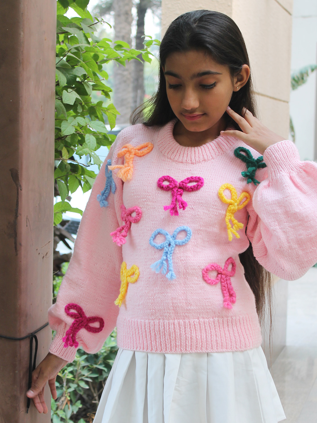 Woonie Handknitted Full Sleeves Bow Applique Detailed Sweater - Pink