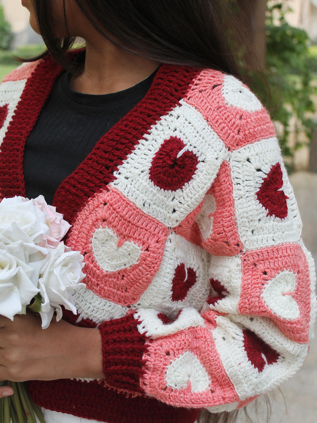 Woonie Handknitted Full Sleeves Granny Square Heart Designed Cardigan - Multicolor