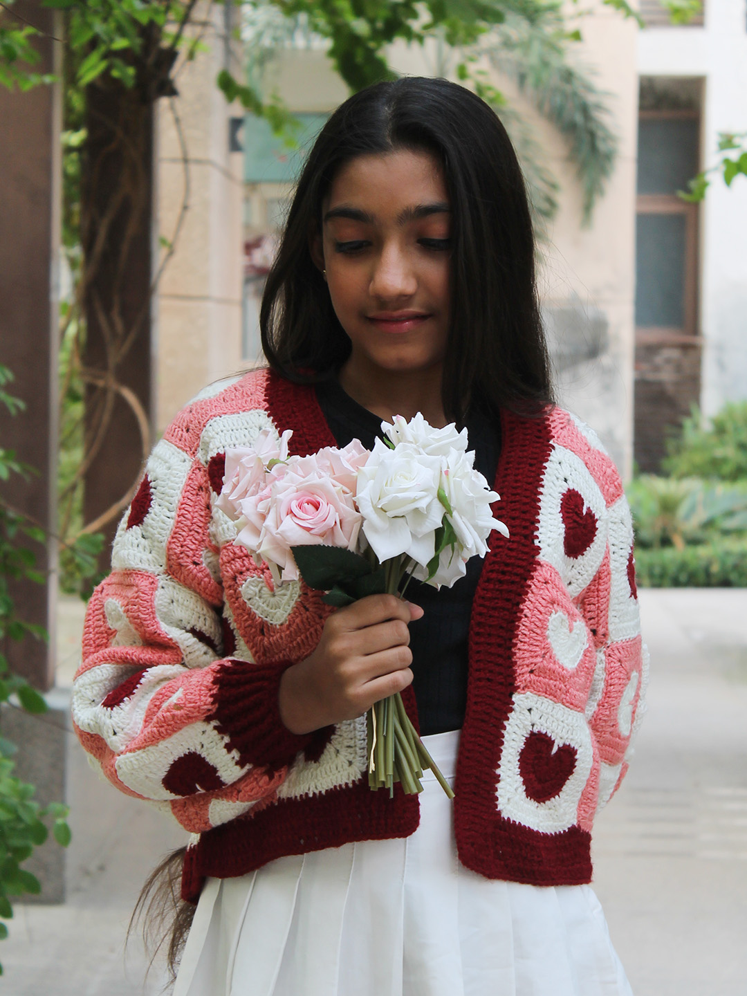 Woonie Handknitted Full Sleeves Granny Square Heart Designed Cardigan - Multicolor