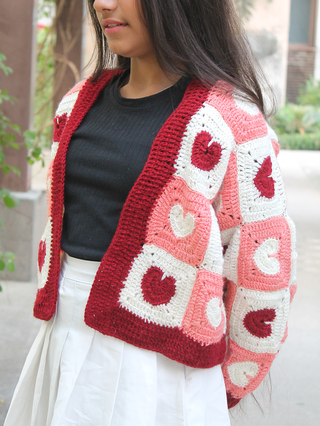 Woonie Handknitted Full Sleeves Granny Square Heart Designed Cardigan - Multicolor