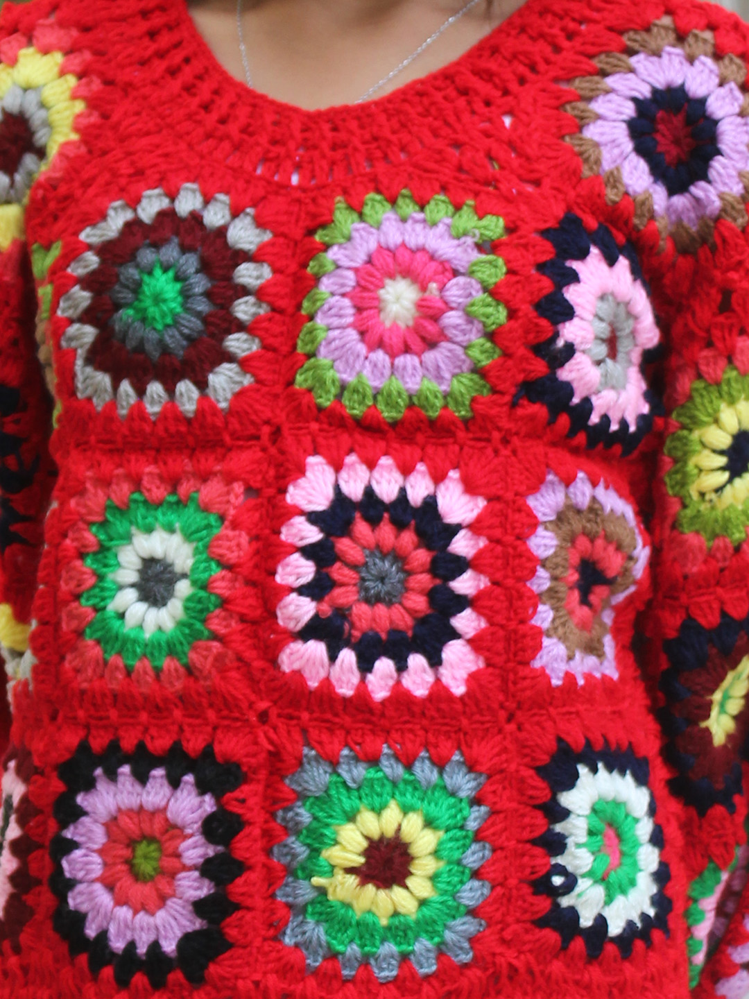 Woonie Handknitted Full Sleeves Granny Square Detailed Sweater - Red