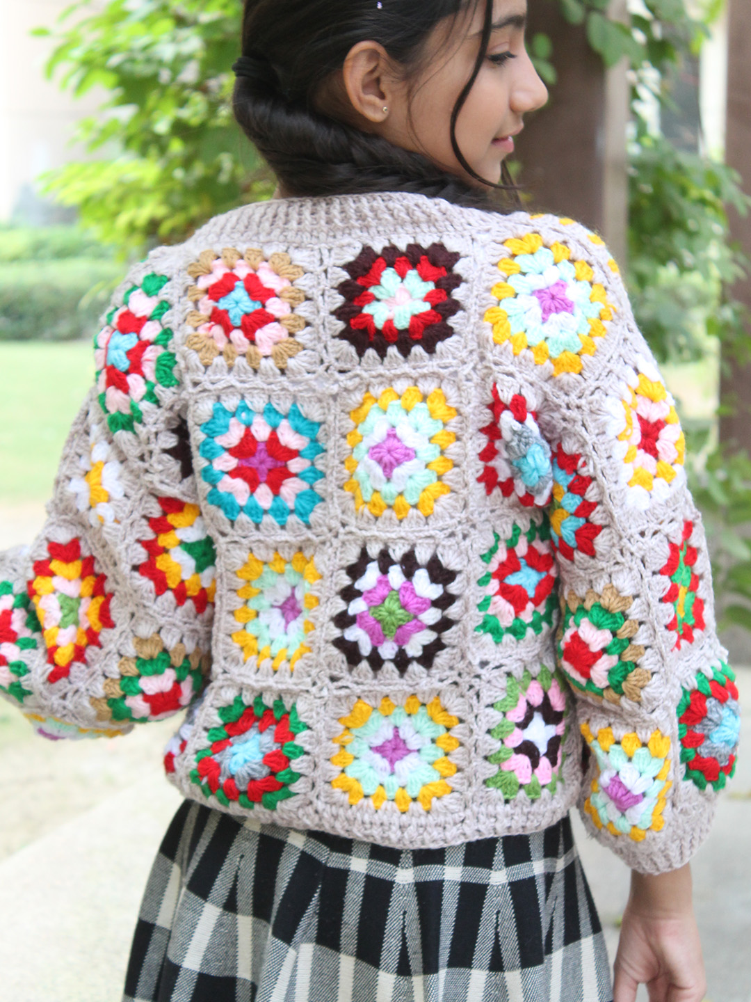 Woonie Handknitted Full Sleeves Granny Square Detailed Sweater - Beige