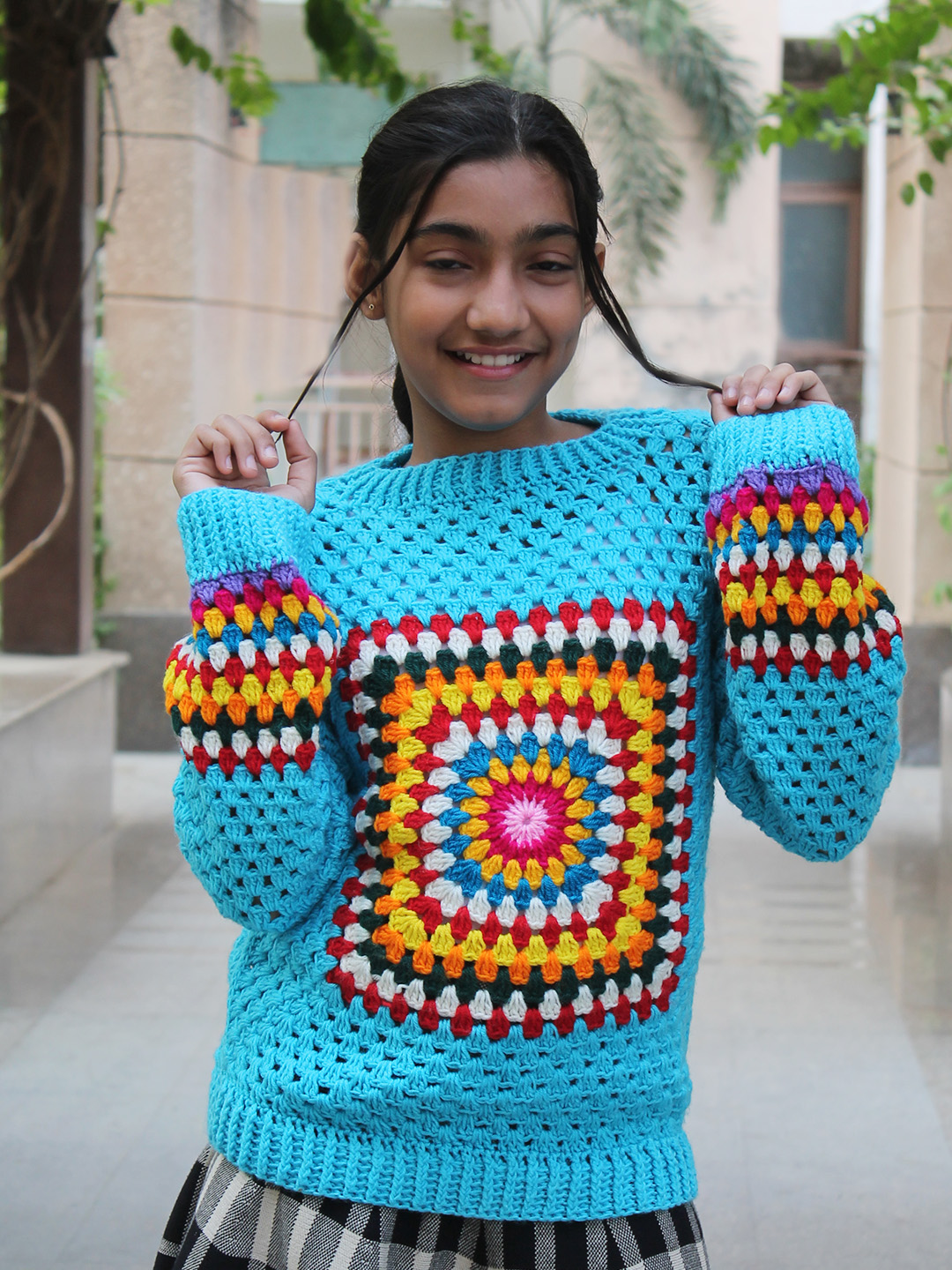 Woonie Handknitted Full Sleeves Granny Square Design Sweater - Blue