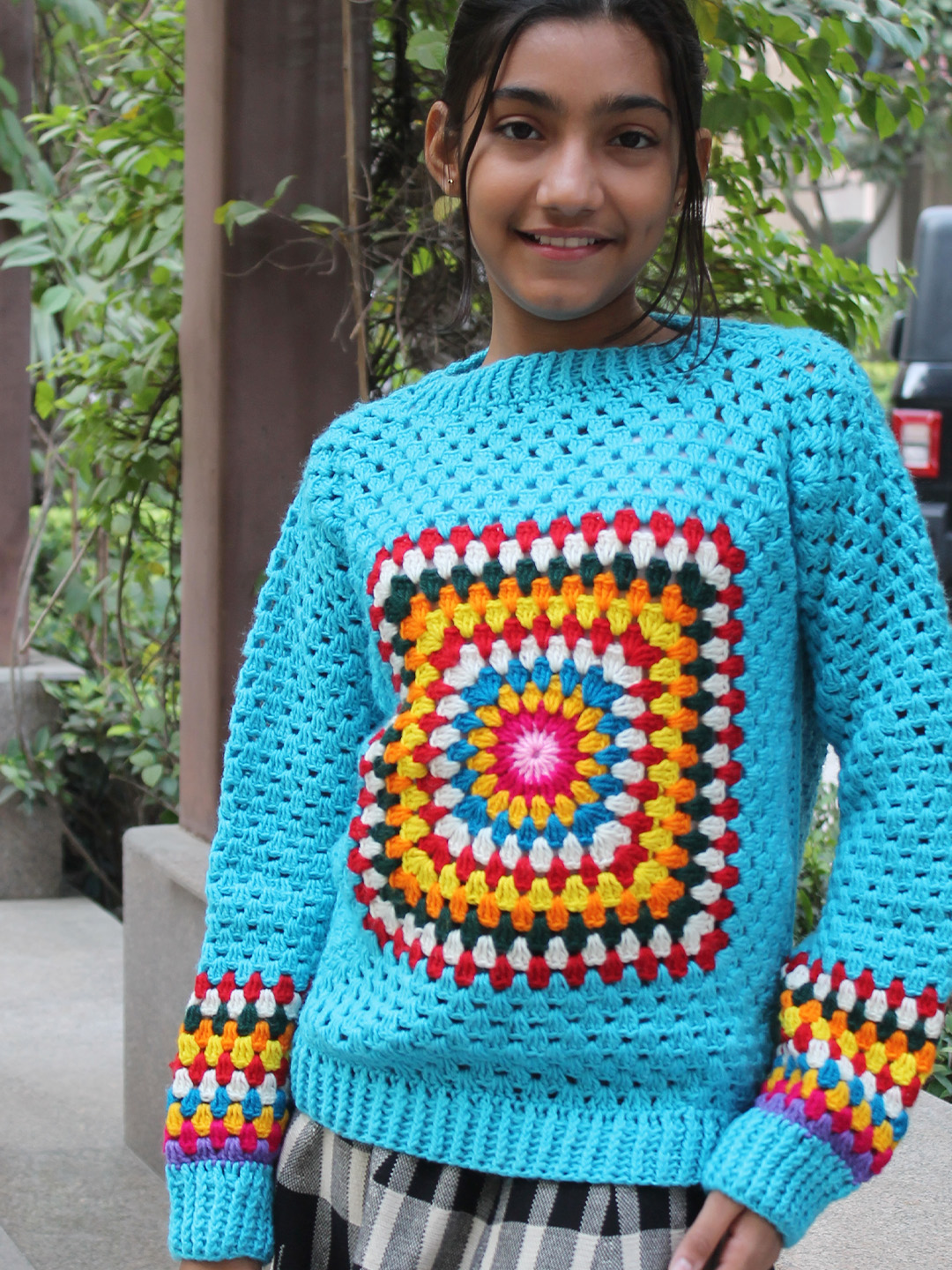 Woonie Handknitted Full Sleeves Granny Square Design Sweater - Blue