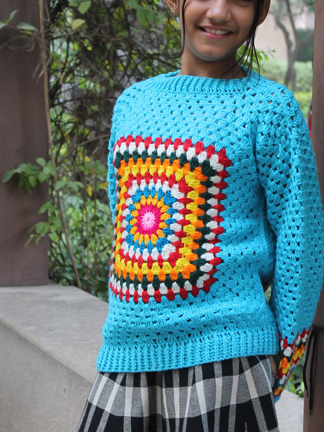 Woonie Handknitted Full Sleeves Granny Square Design Sweater - Blue