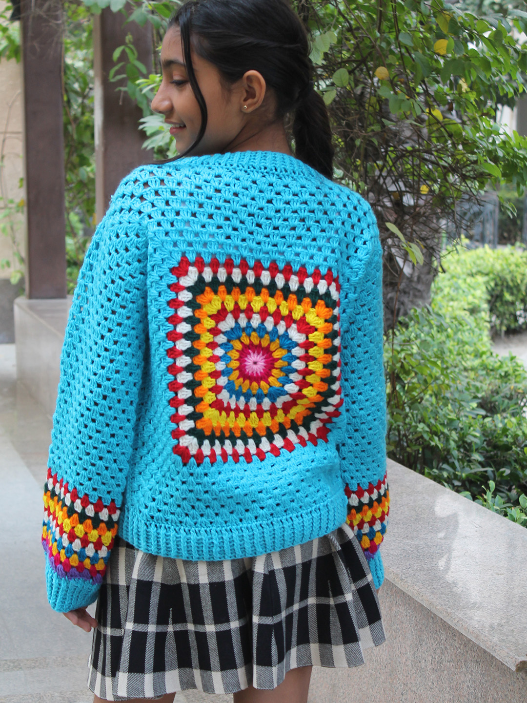 Woonie Handknitted Full Sleeves Granny Square Design Sweater - Blue