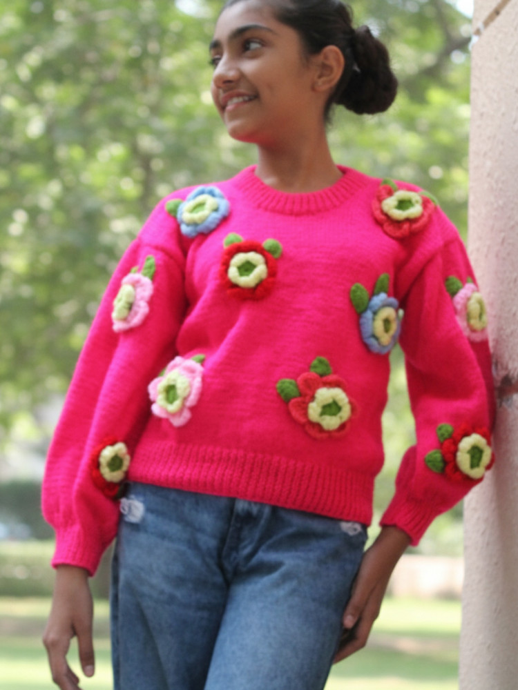 Image of Woonie Handknitted Full Sleeves Floral Applique Detailed Sweater - Pink