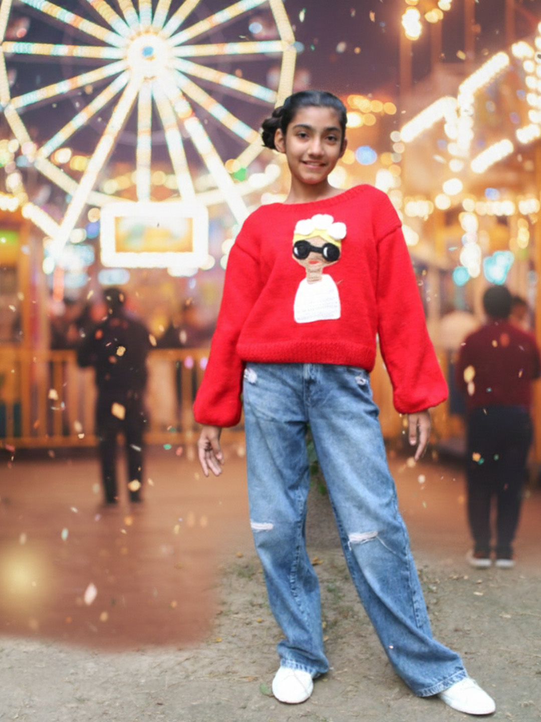 Woonie Handknitted Full Sleeves Doll Designed Sweater - Red