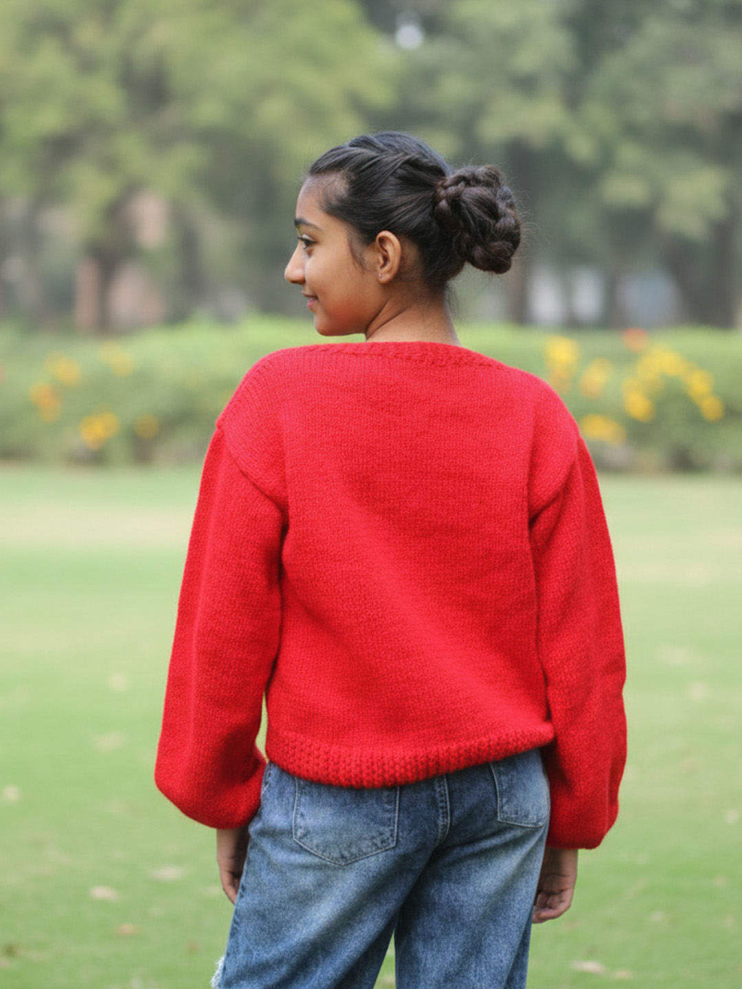 Woonie Handknitted Full Sleeves Doll Designed Sweater - Red