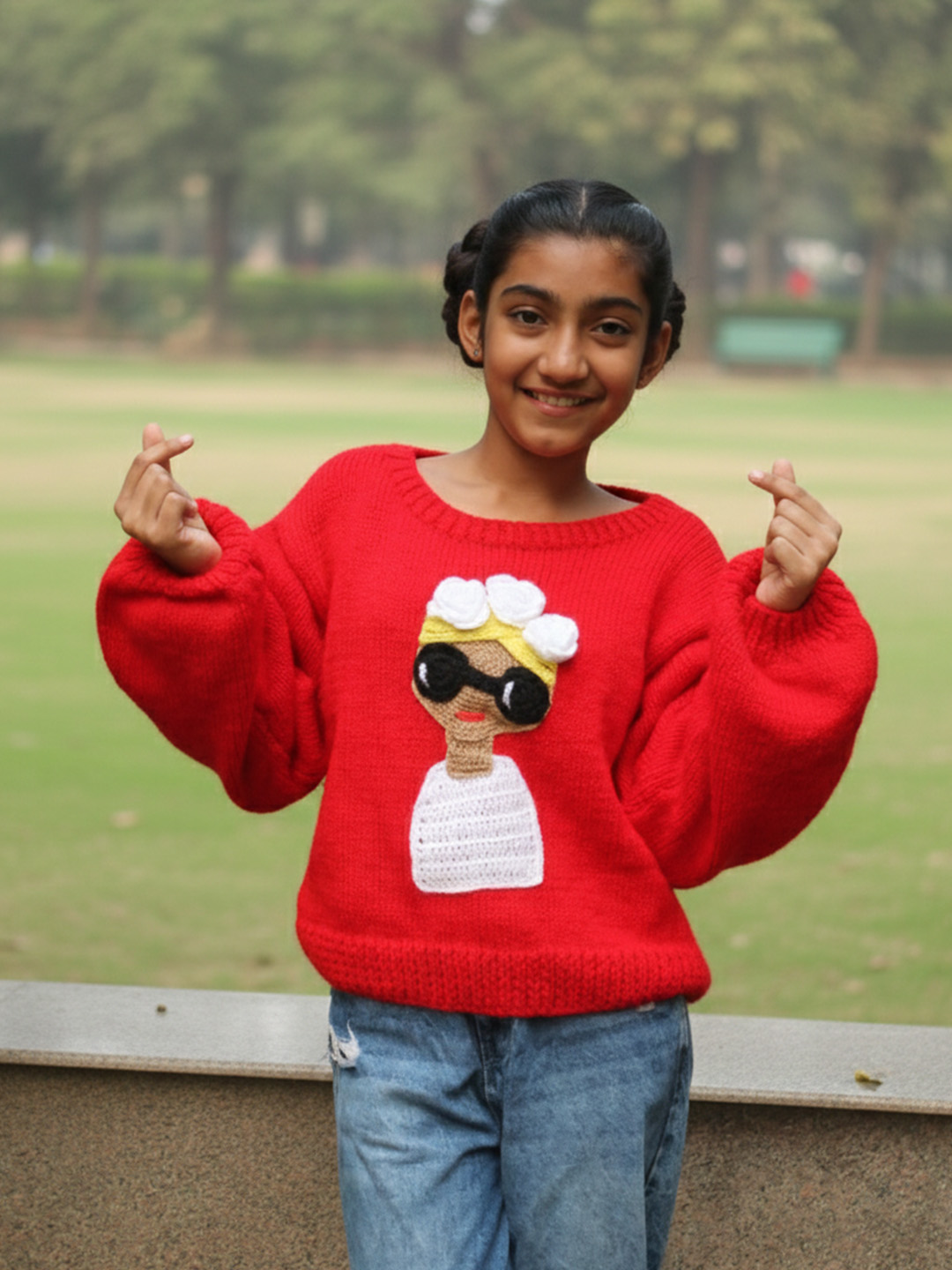 Woonie Handknitted Full Sleeves Doll Designed Sweater - Red