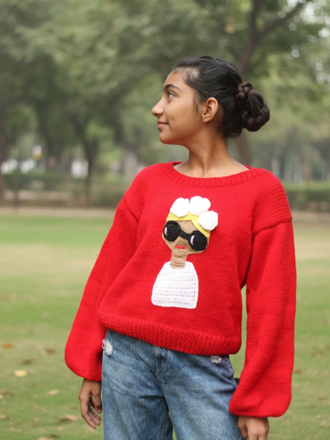 Woonie Handknitted Full Sleeves Doll Designed Sweater - Red