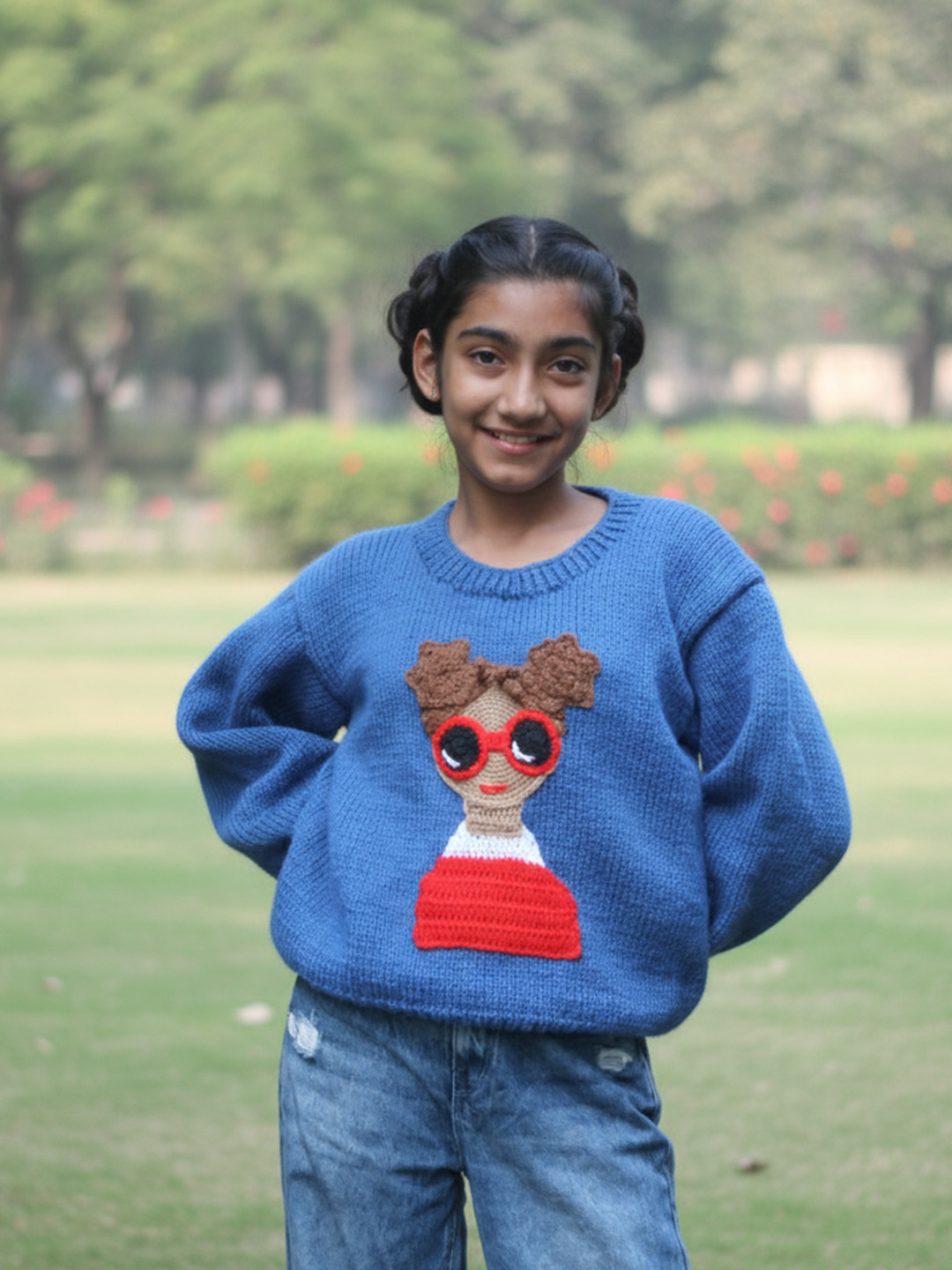 Woonie Handknitted Full Sleeves Doll Designed Sweater - Blue