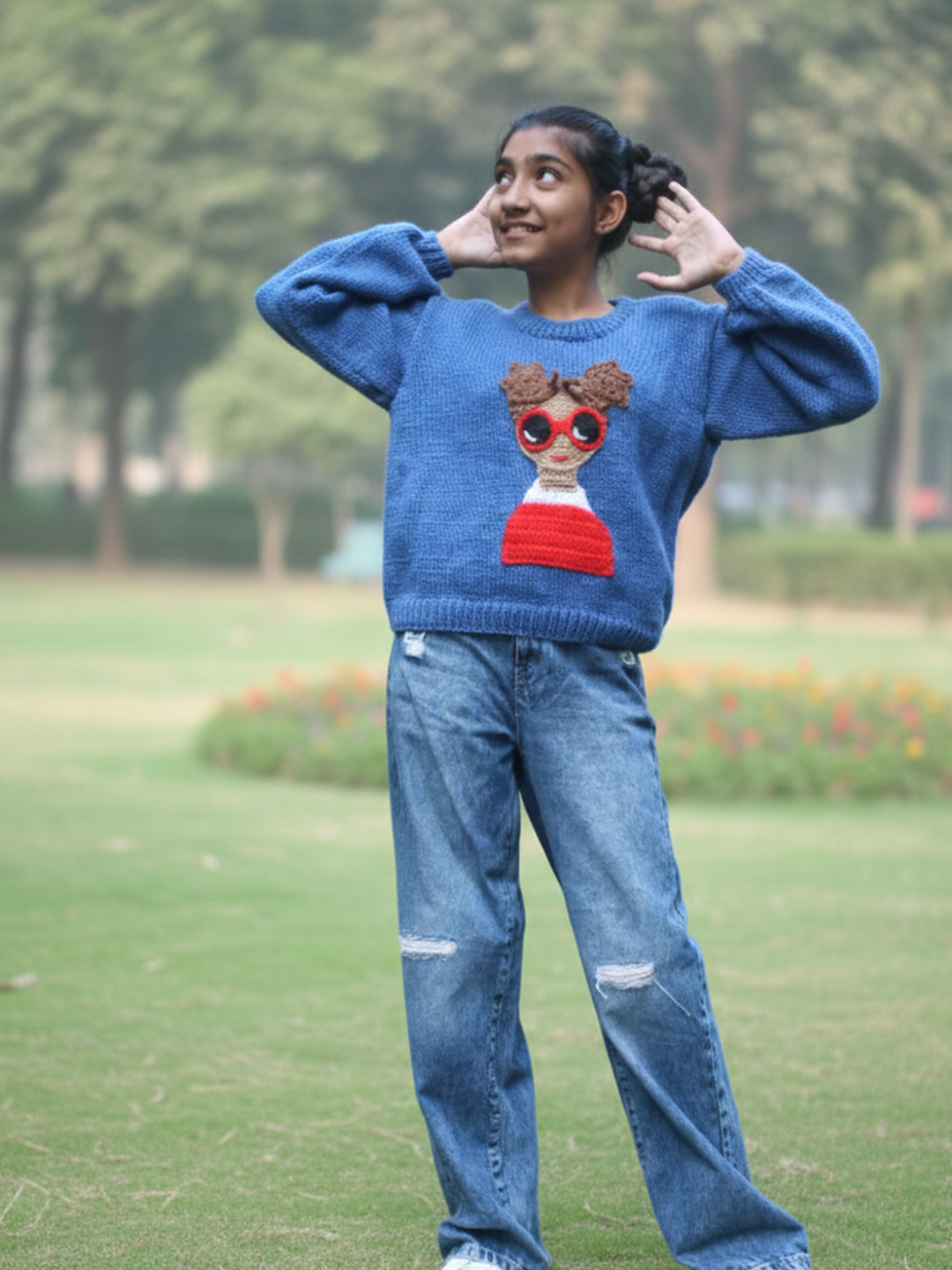Woonie Handknitted Full Sleeves Doll Designed Sweater - Blue