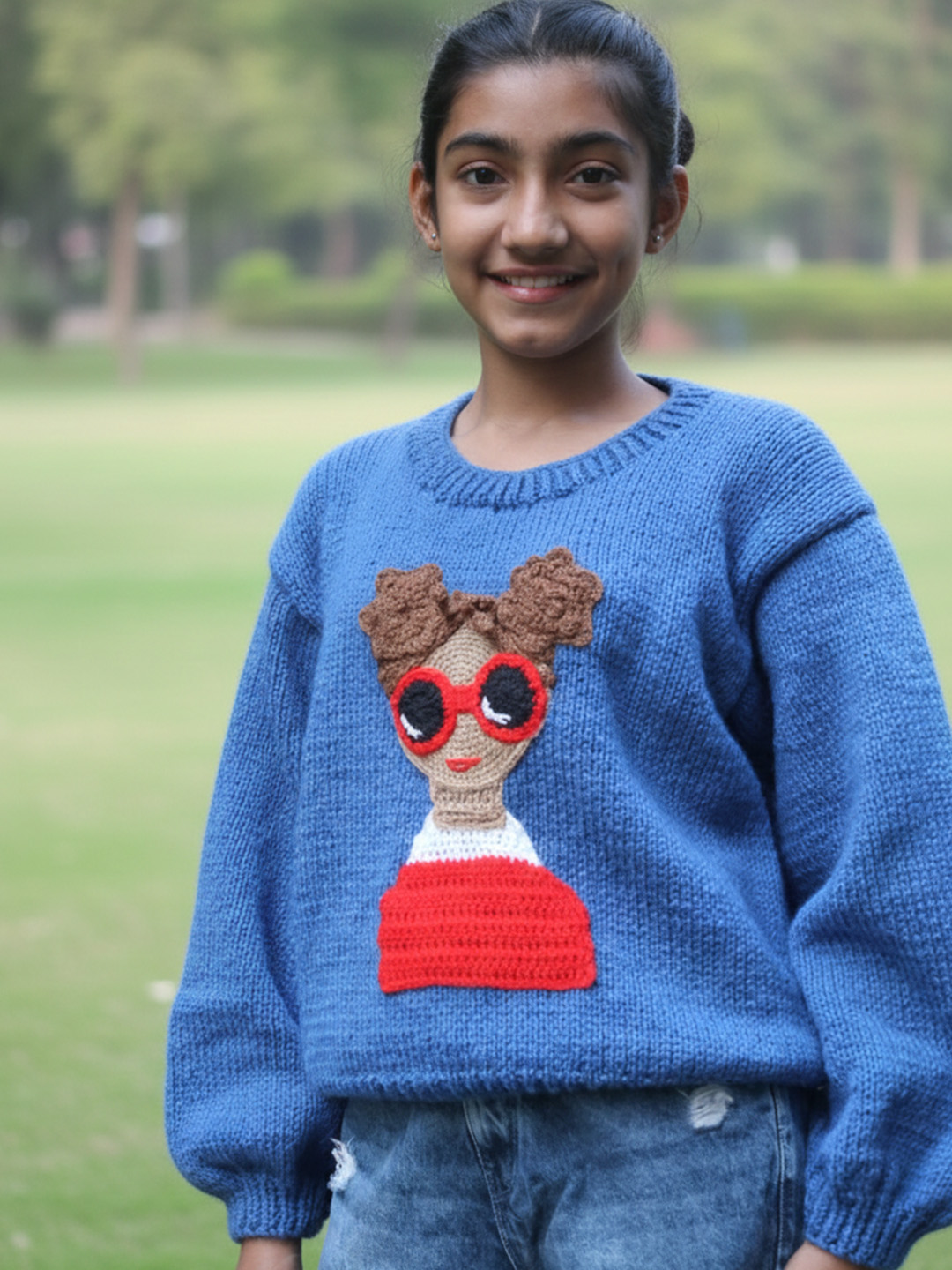 Woonie Handknitted Full Sleeves Doll Designed Sweater - Blue