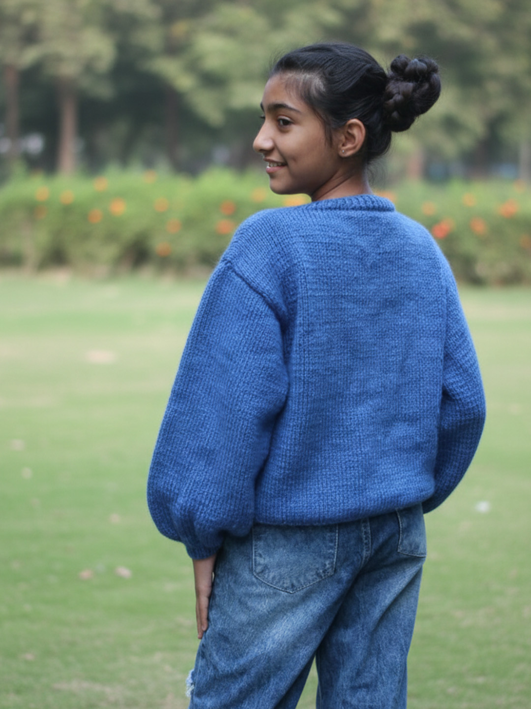Woonie Handknitted Full Sleeves Doll Designed Sweater - Blue
