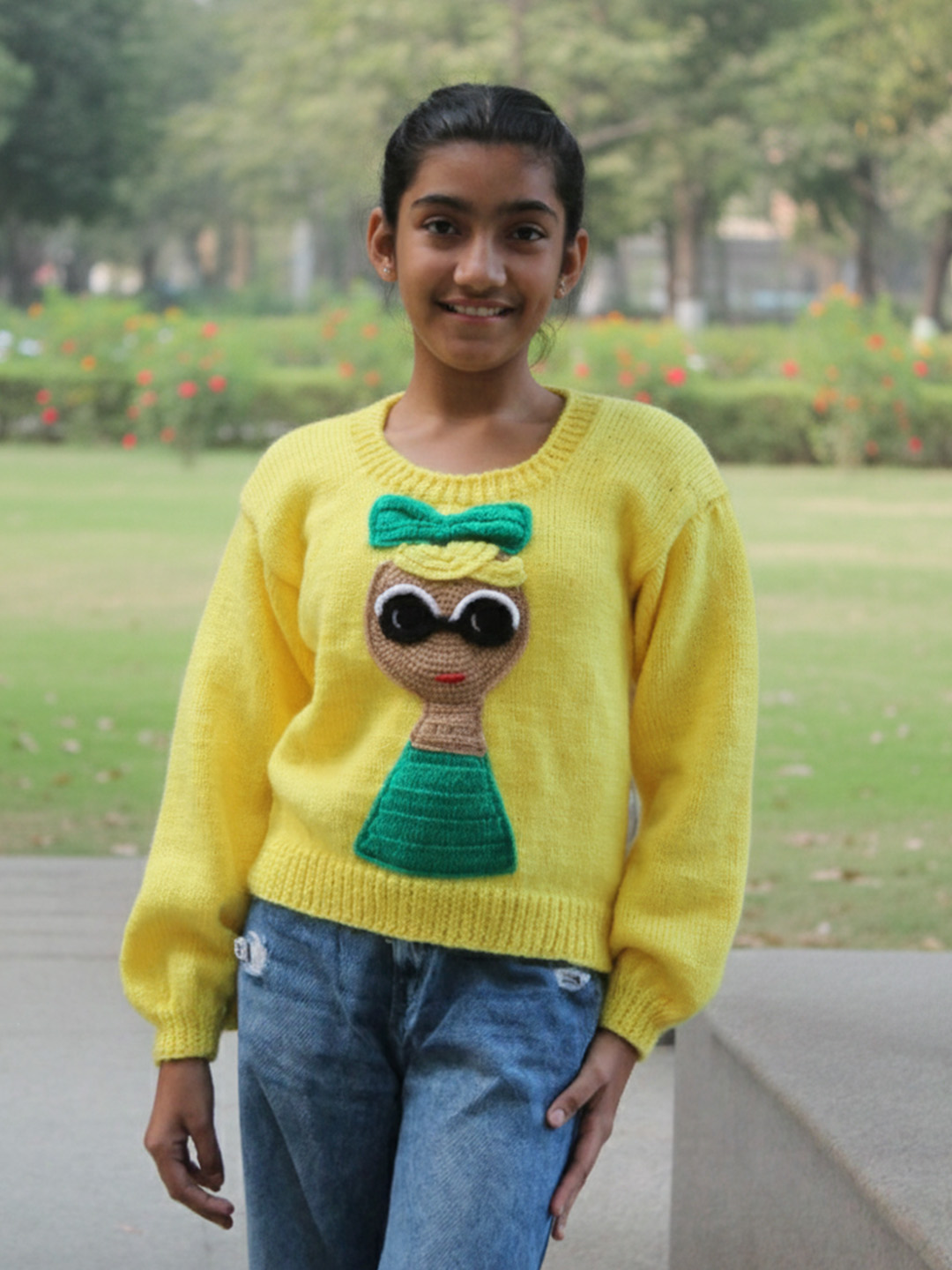 Woonie Handknitted Full Sleeves Doll Designed Sweater - Yellow