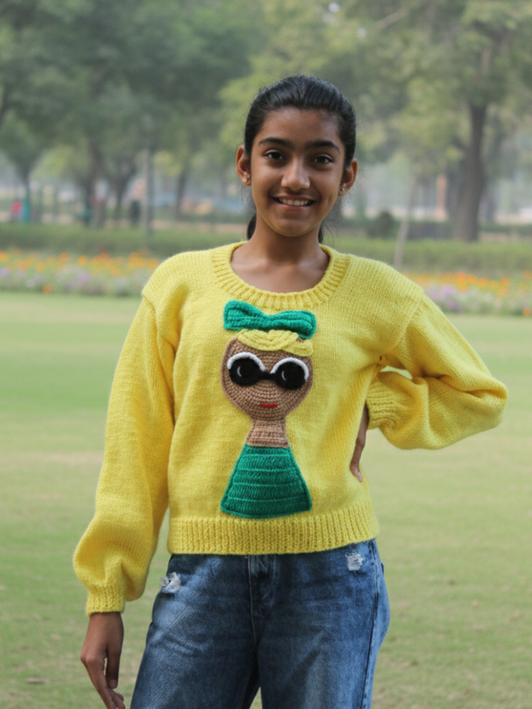 Woonie Handknitted Full Sleeves Doll Designed Sweater - Yellow
