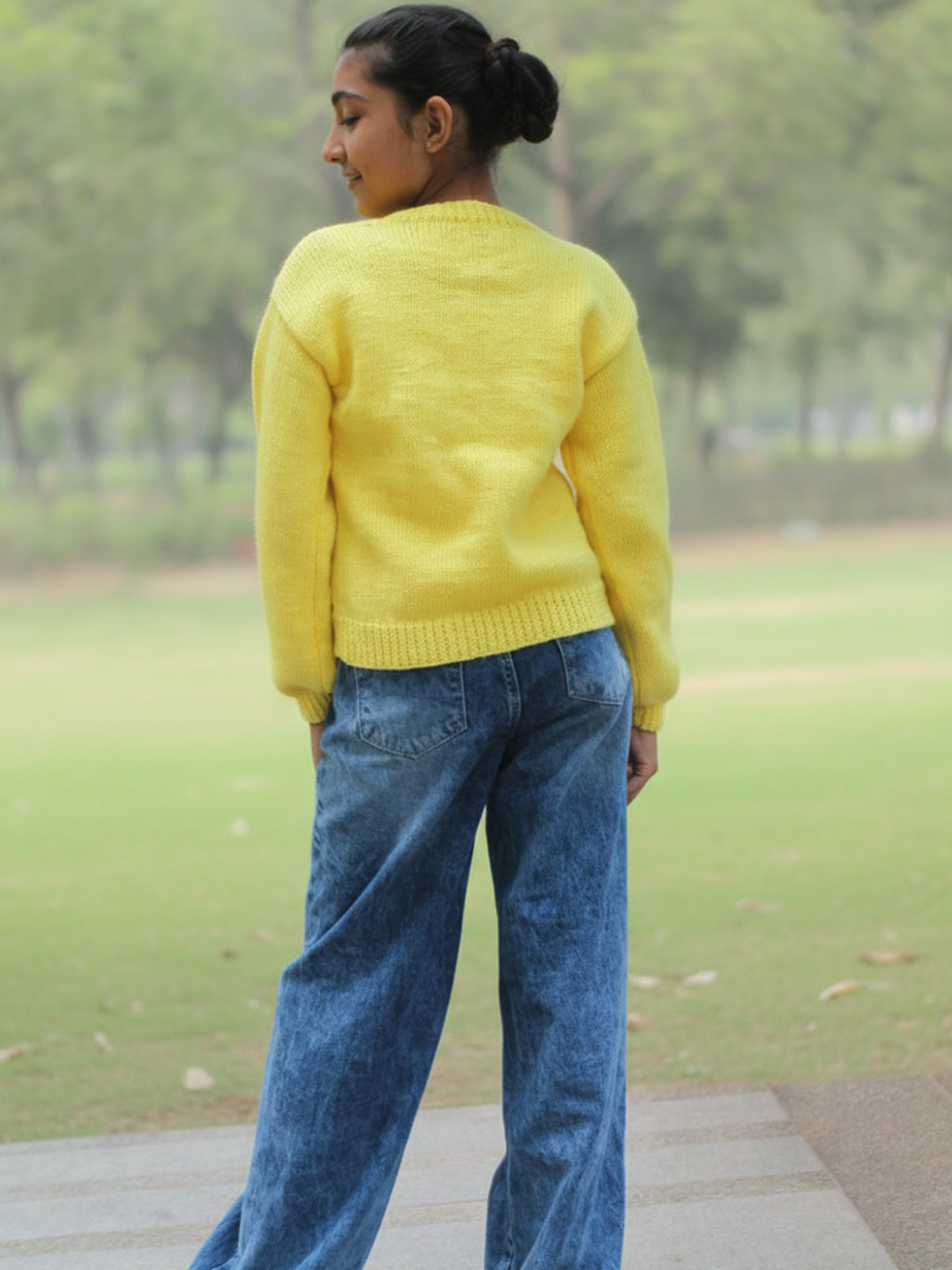 Woonie Handknitted Full Sleeves Doll Designed Sweater - Yellow