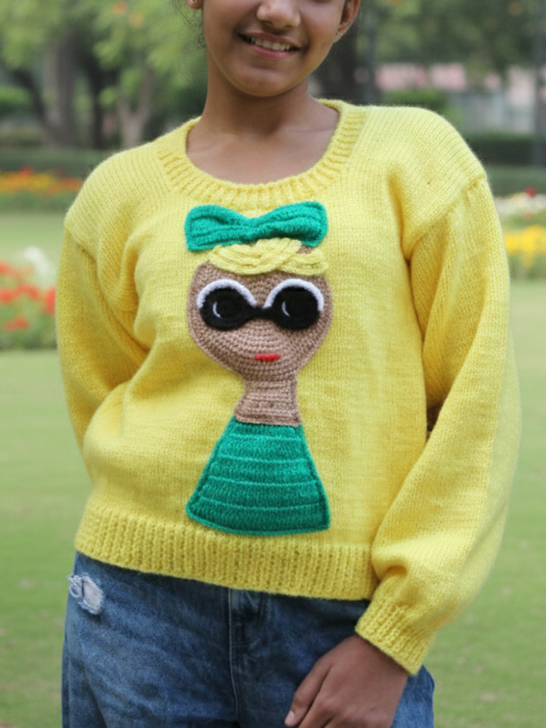 Woonie Handknitted Full Sleeves Doll Designed Sweater - Yellow
