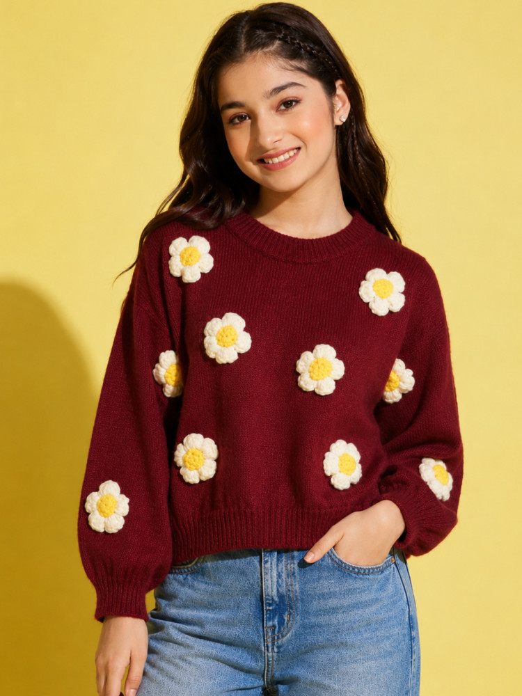 Image of Woonie Handknitted Full Sleeves Floral Applique Detailed Pullover - Maroon