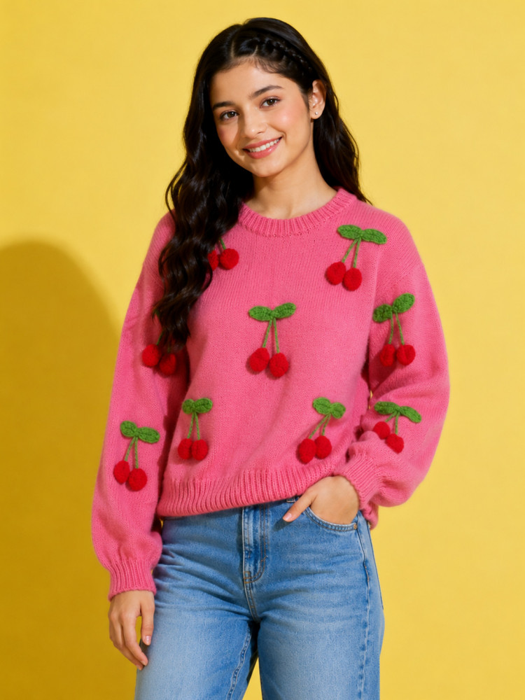 Image of Woonie Handknitted Full Sleeves 3D Cherry Applque Detailed Pullover - Pink