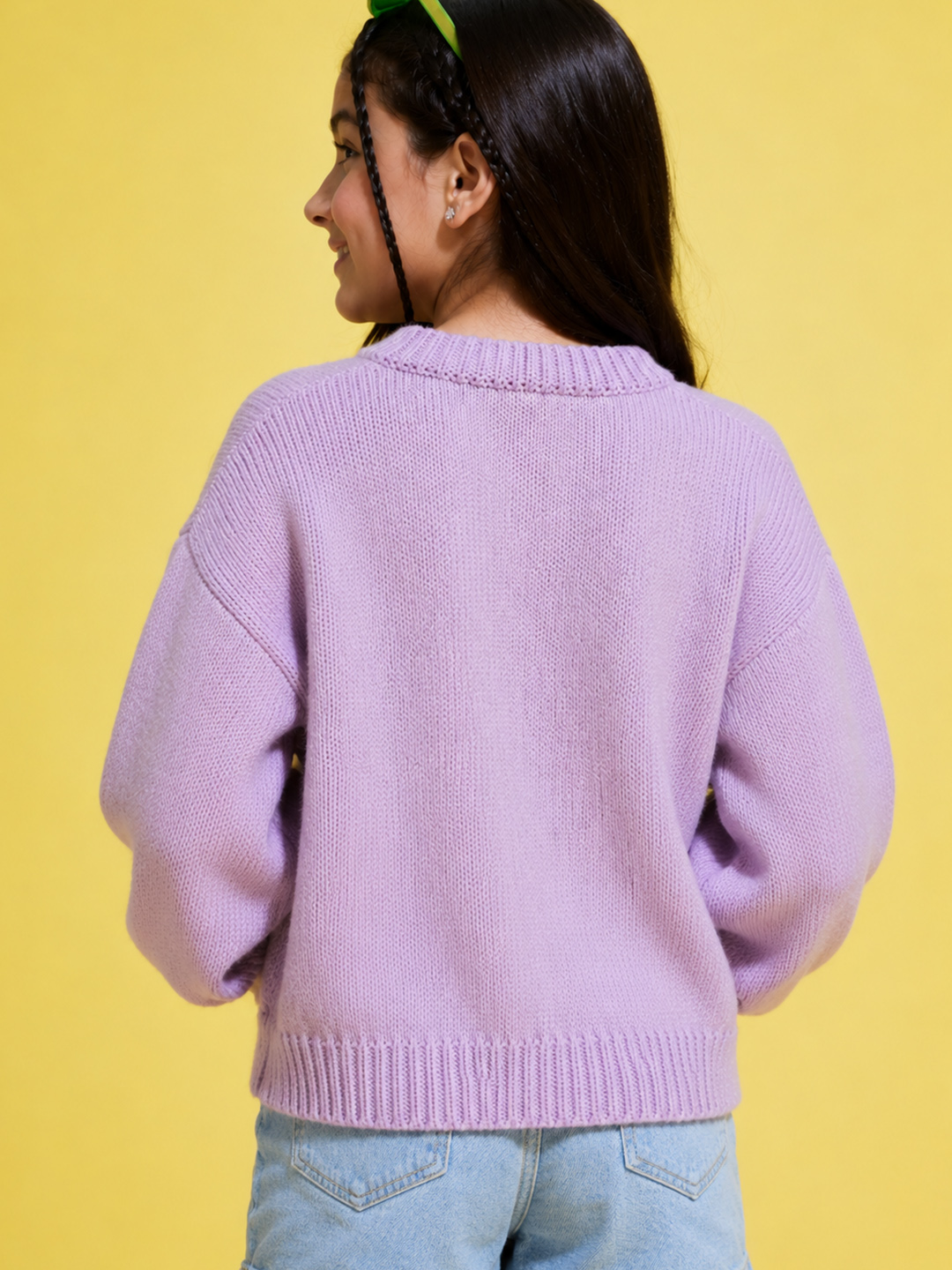 Woonie Handknitted Full Sleeves Floral Applique Detailed Pullover - Lavender