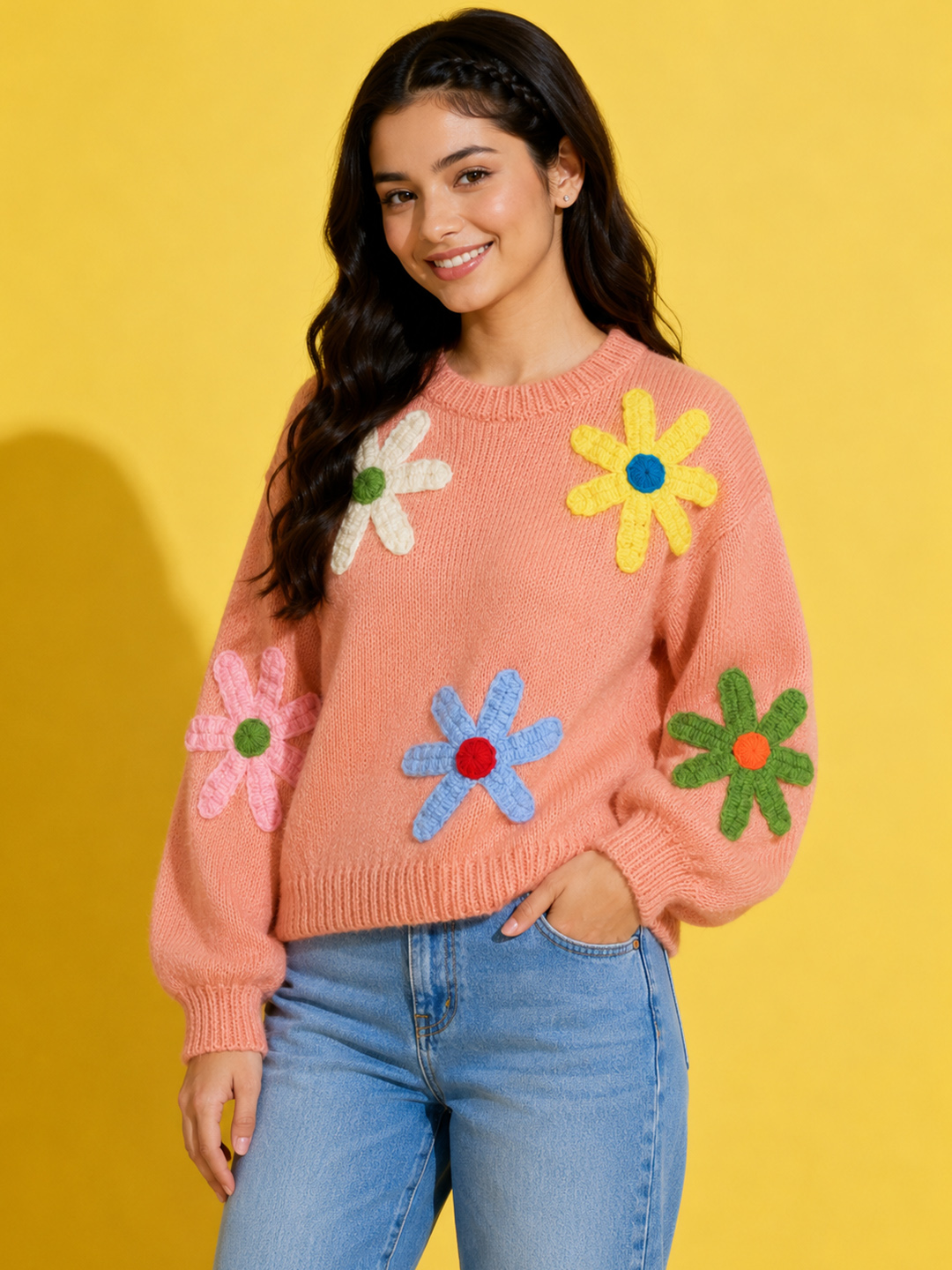 Woonie Handknitted Full Sleeves Colorful Floral Detailed Pullover - Peach