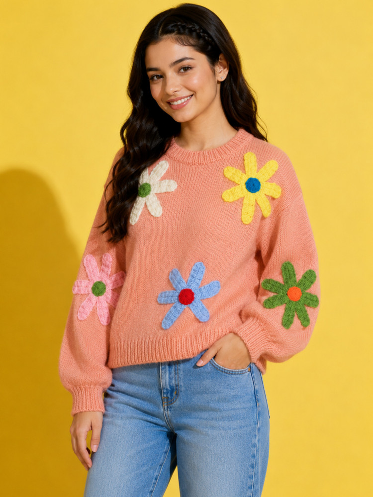 Image of Woonie Handknitted Full Sleeves Colorful Floral Detailed Pullover - Peach