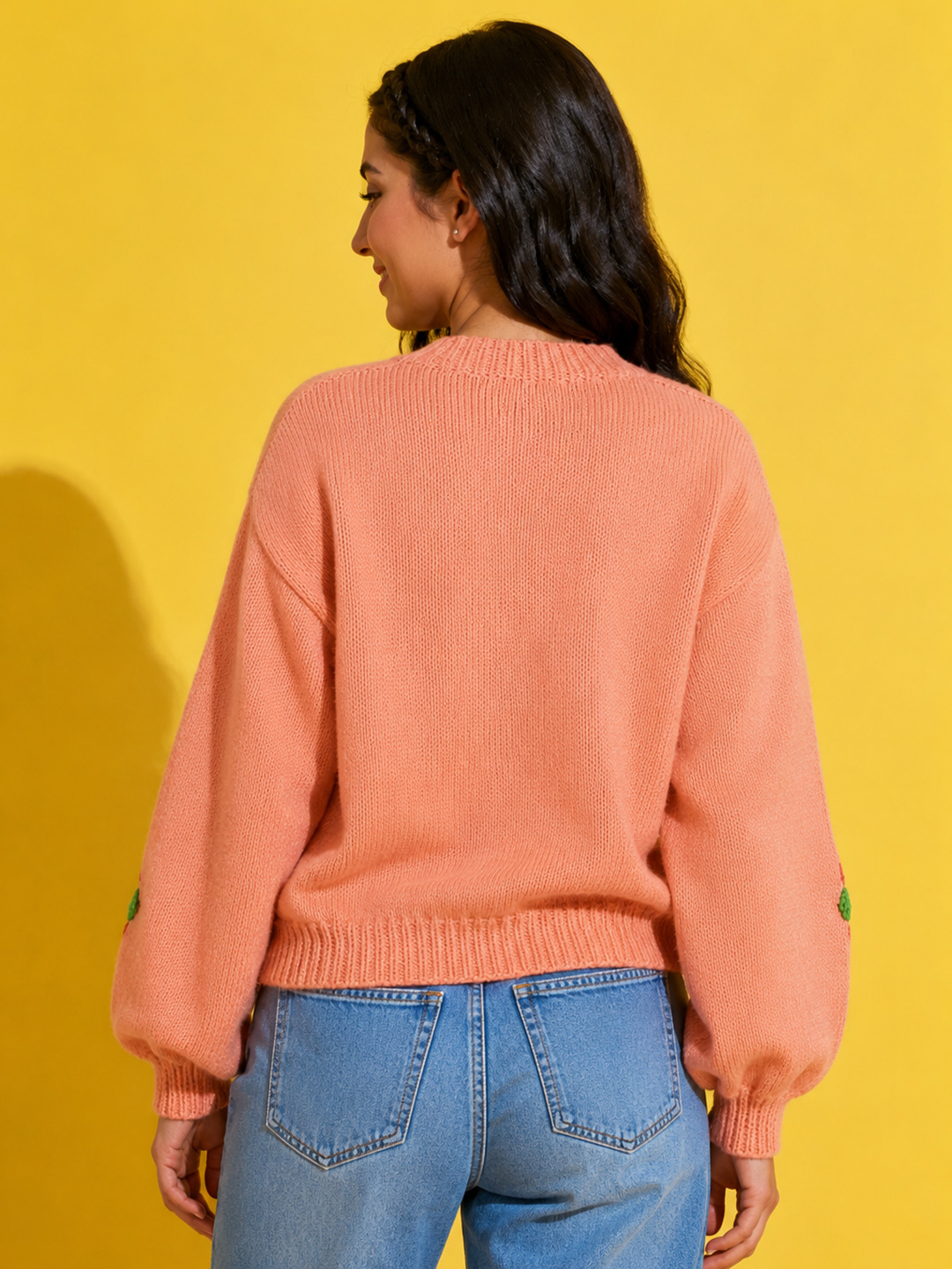 Woonie Handknitted Full Sleeves Colorful Floral Detailed Pullover - Peach