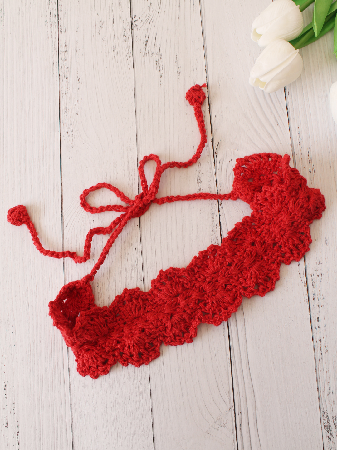 Velvery Hand-Knitted Red Crochet Scallop Design Cotton Headband