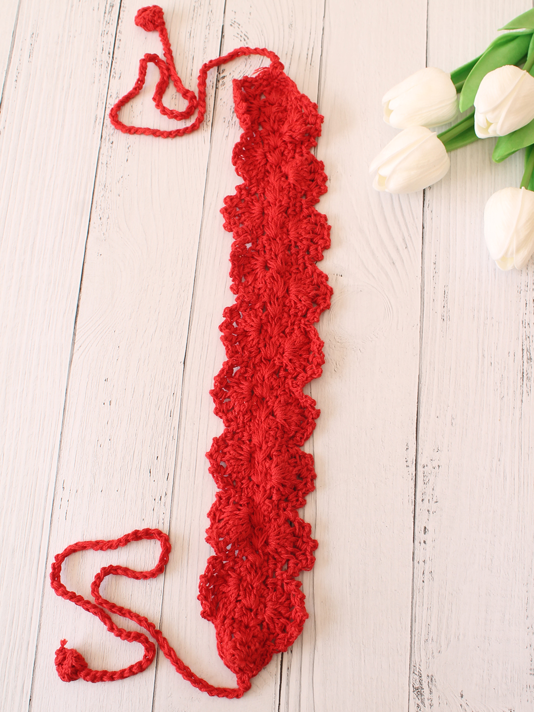 Velvery Hand-Knitted Red Crochet Scallop Design Cotton Headband