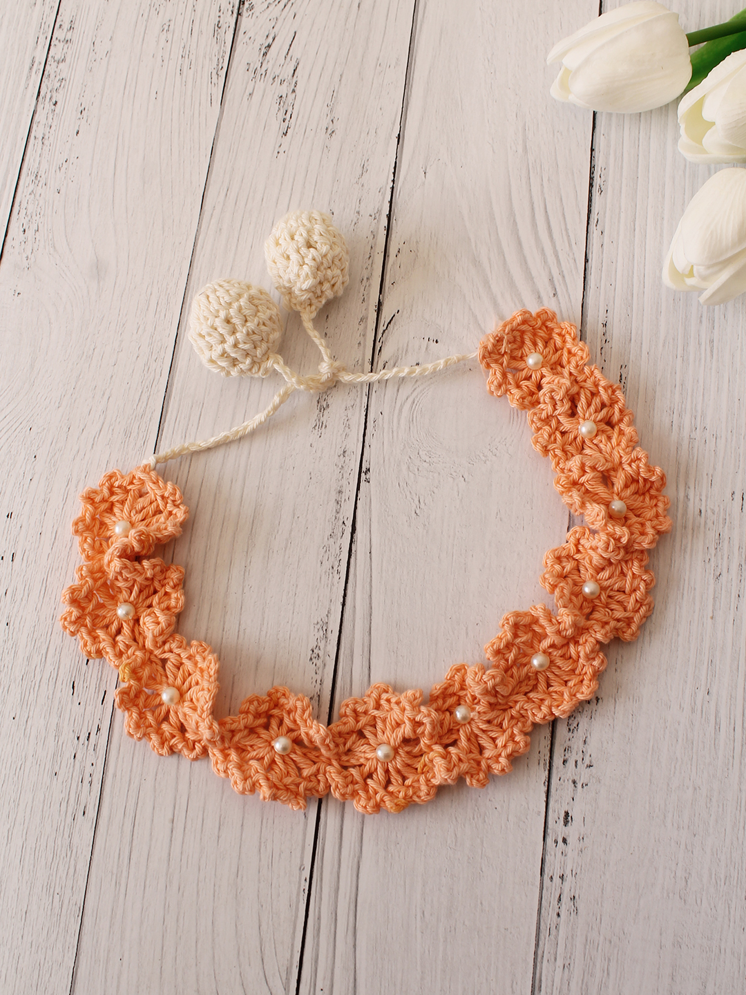 Velvery Hand-Knitted Peach Crochet Scallop & Pearl Embellished Design Cotton Headband
