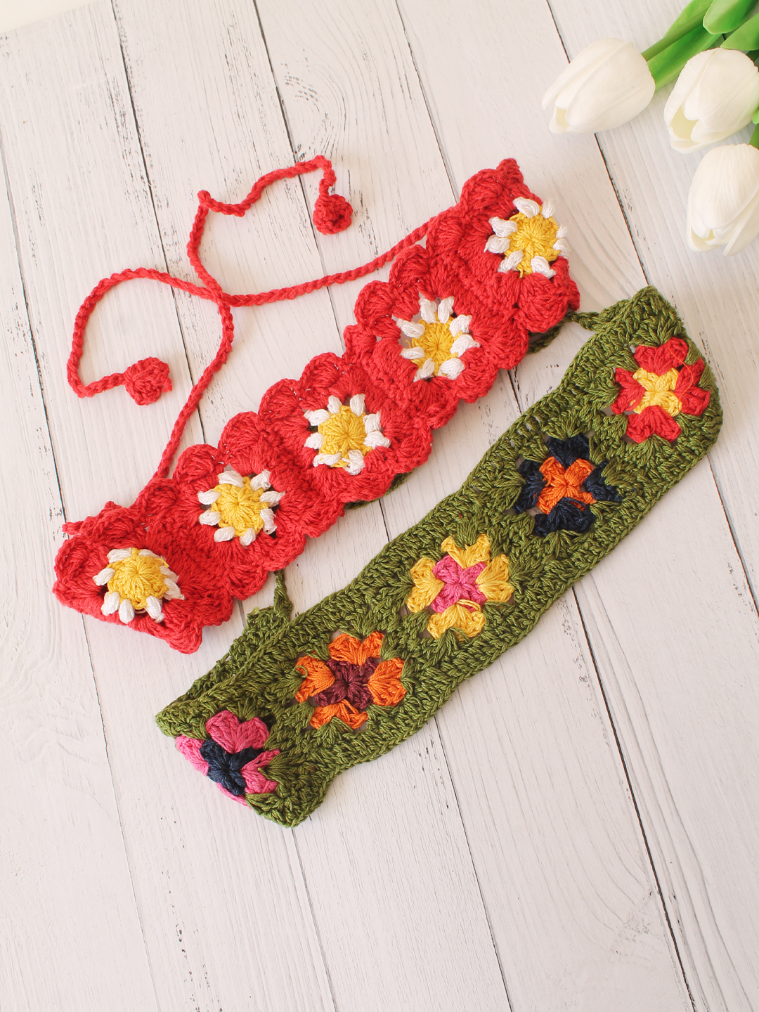 Velvery Hand-Knitted Red Granny Square Stitch Cotton Headbands Pack of 2