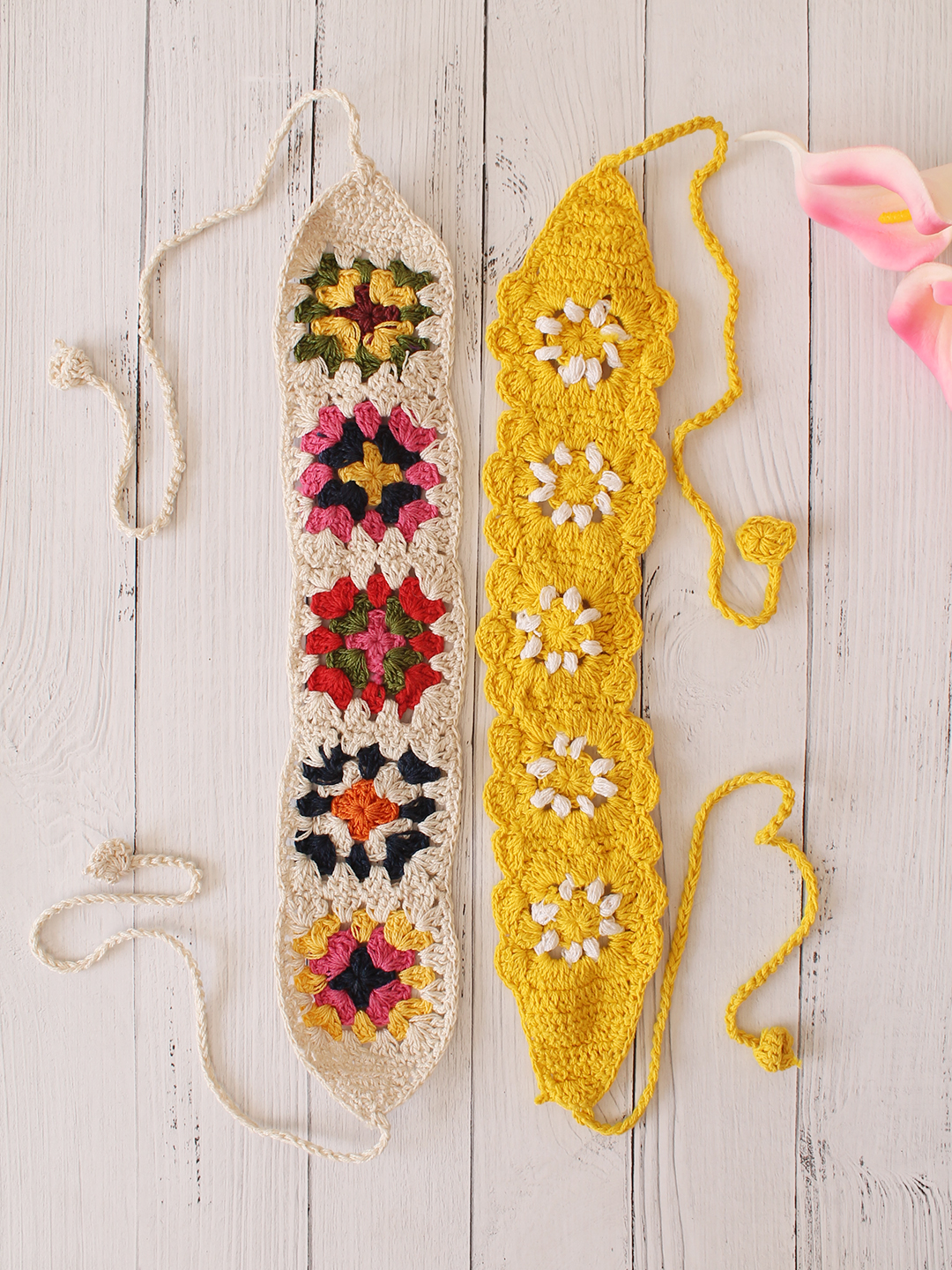 Velvery Hand-Knitted Cream Granny Square Stitch Cotton Headbands Pack of 2