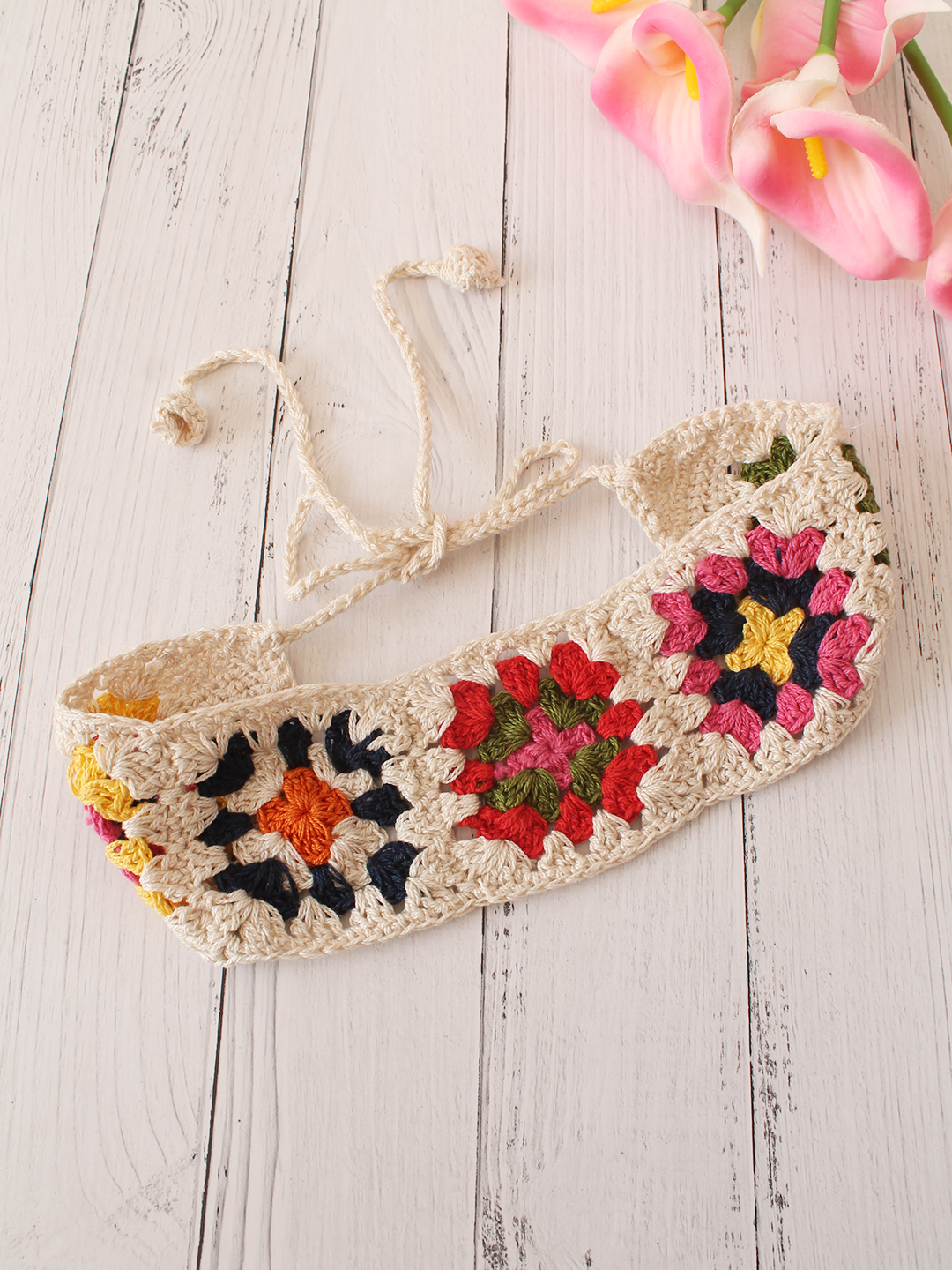 Velvery Hand-Knitted Cream Granny Square Stitch Cotton Headbands Pack of 2