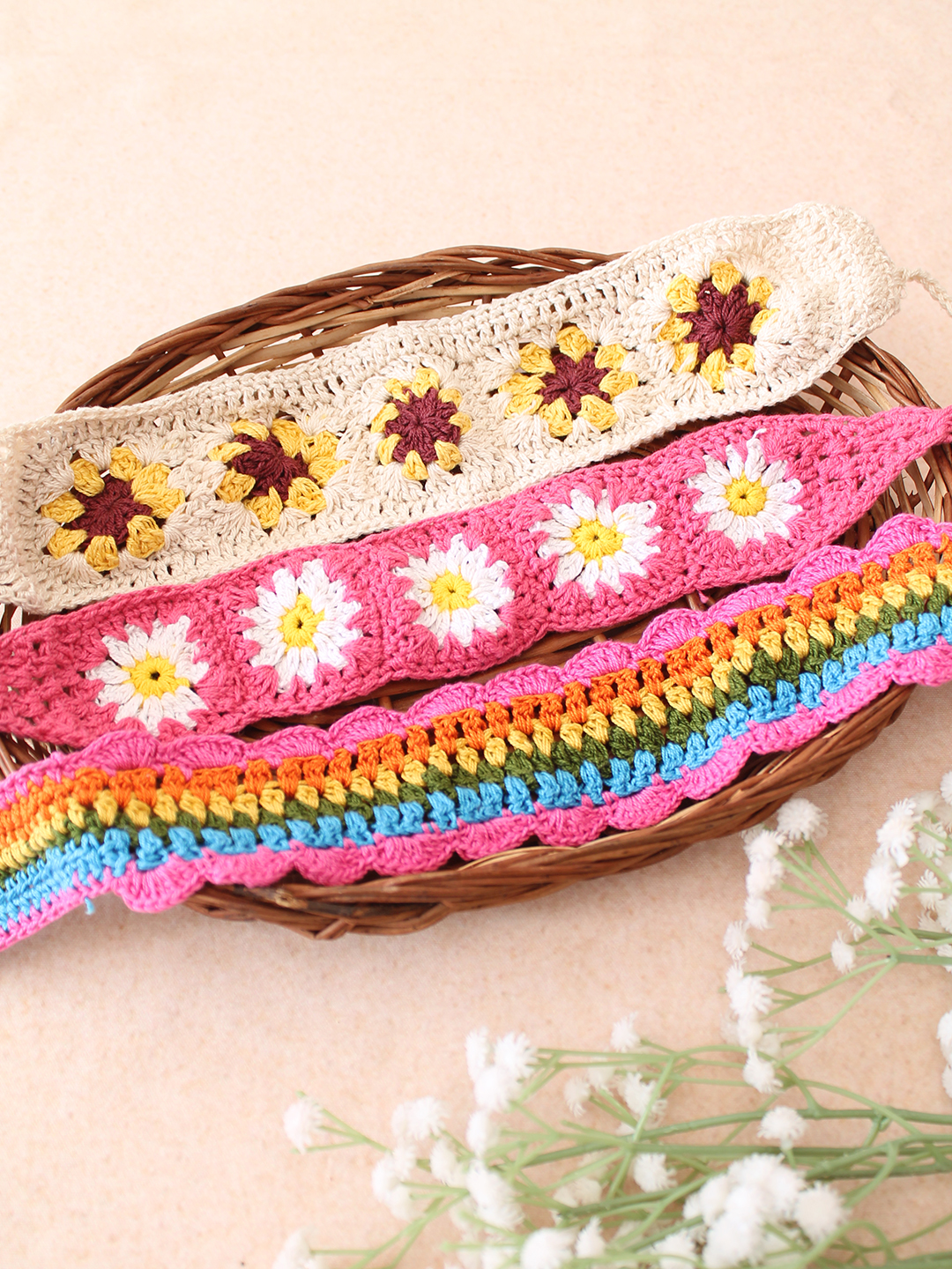 Velvery Hand-Knitted Pink Crochet Scallop Design Cotton Headbands Pack of 3