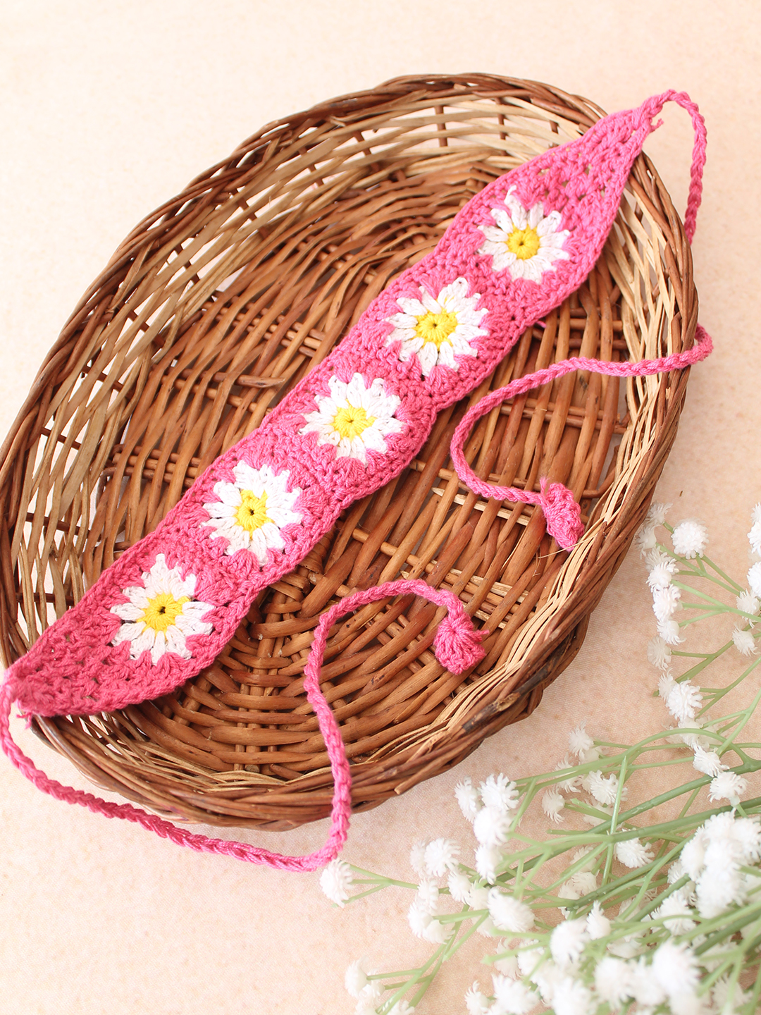Velvery Hand-Knitted Pink Crochet Scallop Design Cotton Headbands Pack of 3