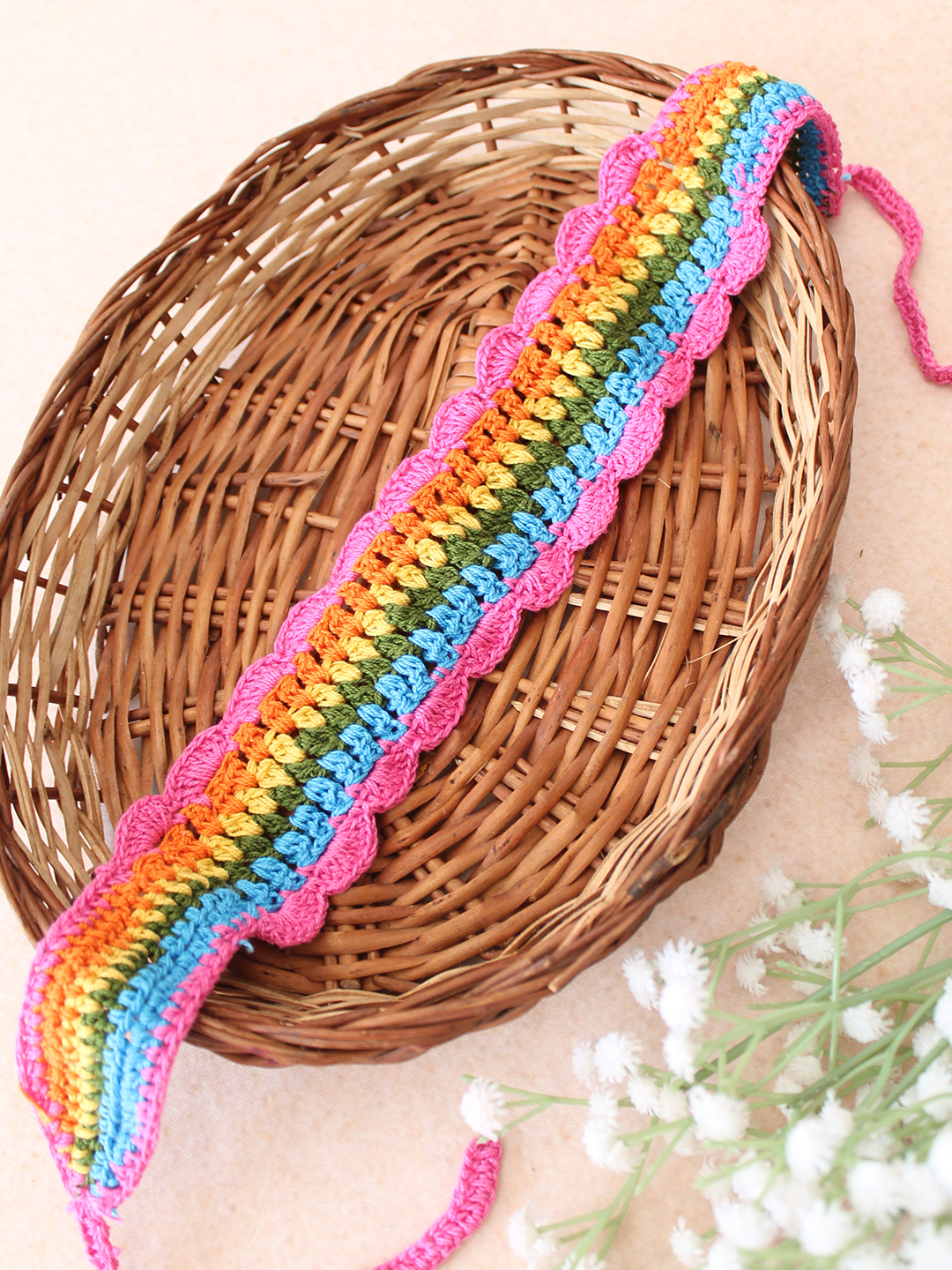 Velvery Hand-Knitted Pink Crochet Scallop Design Cotton Headbands Pack of 3