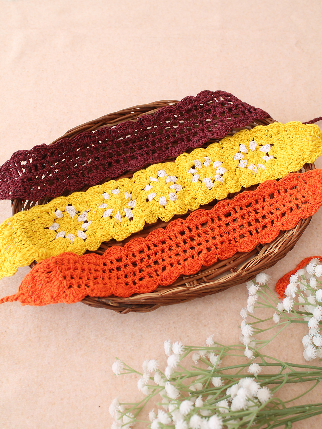 Velvery Hand-Knitted Yellow Crochet Scallop Design Cotton Headbands Pack of 3