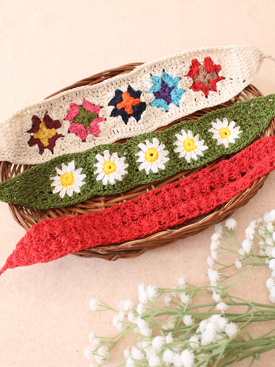 Velvery Hand-Knitted Green Granny Square Stitch Cotton Headbands Pack of 3