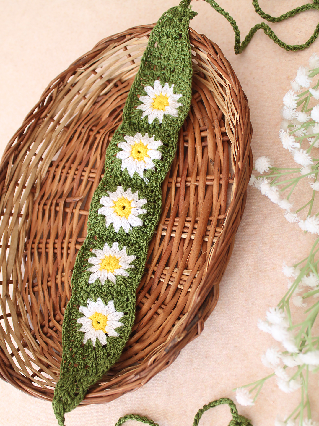 Velvery Hand-Knitted Green Granny Square Stitch Cotton Headbands Pack of 3