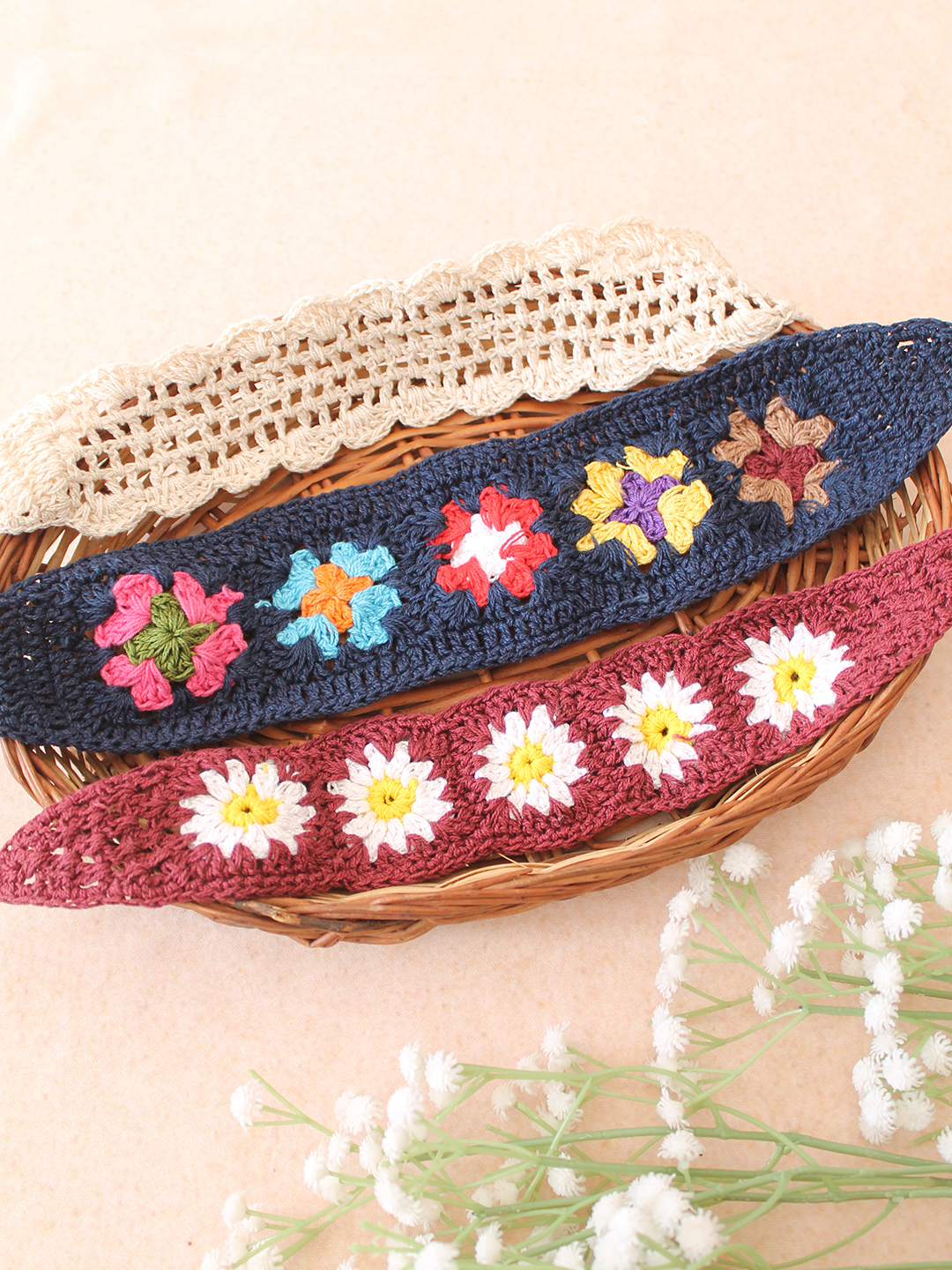 Velvery Hand-Knitted Blue Granny Square Stitch Cotton Headbands Pack of 3