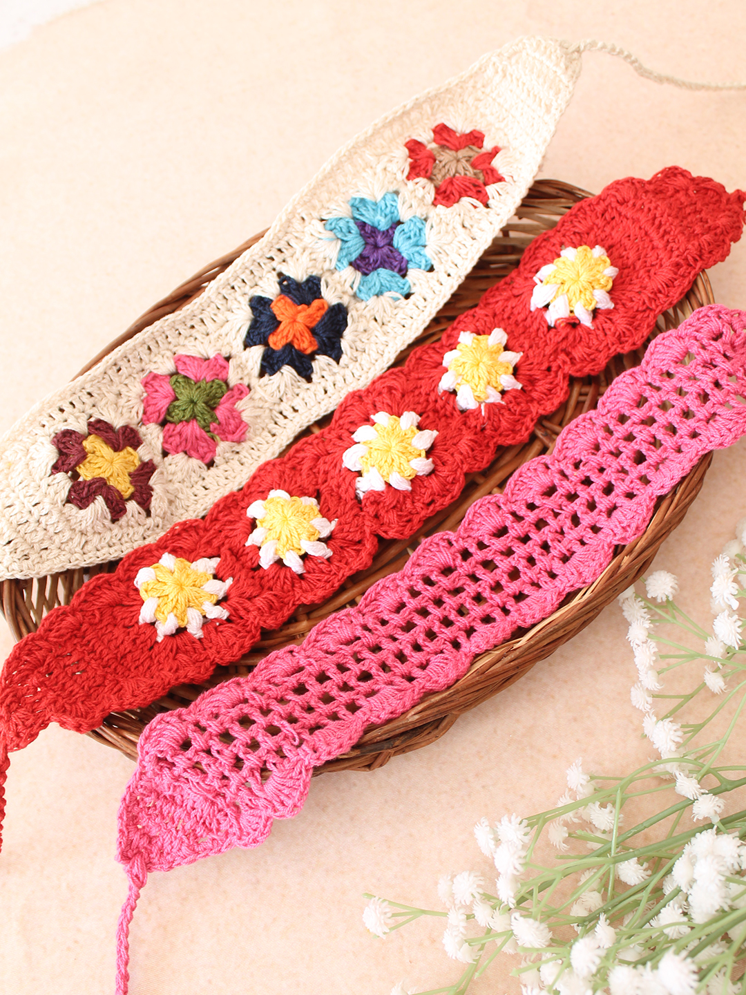 Velvery Hand-Knitted Red Granny Square Stitch Cotton Headbands Pack of 3
