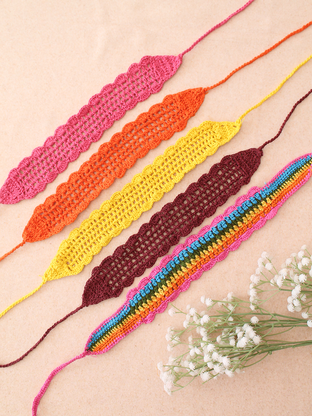 Velvery Hand-Knitted Yellow Crochet Scallop Design Cotton Headbands Pack of 5
